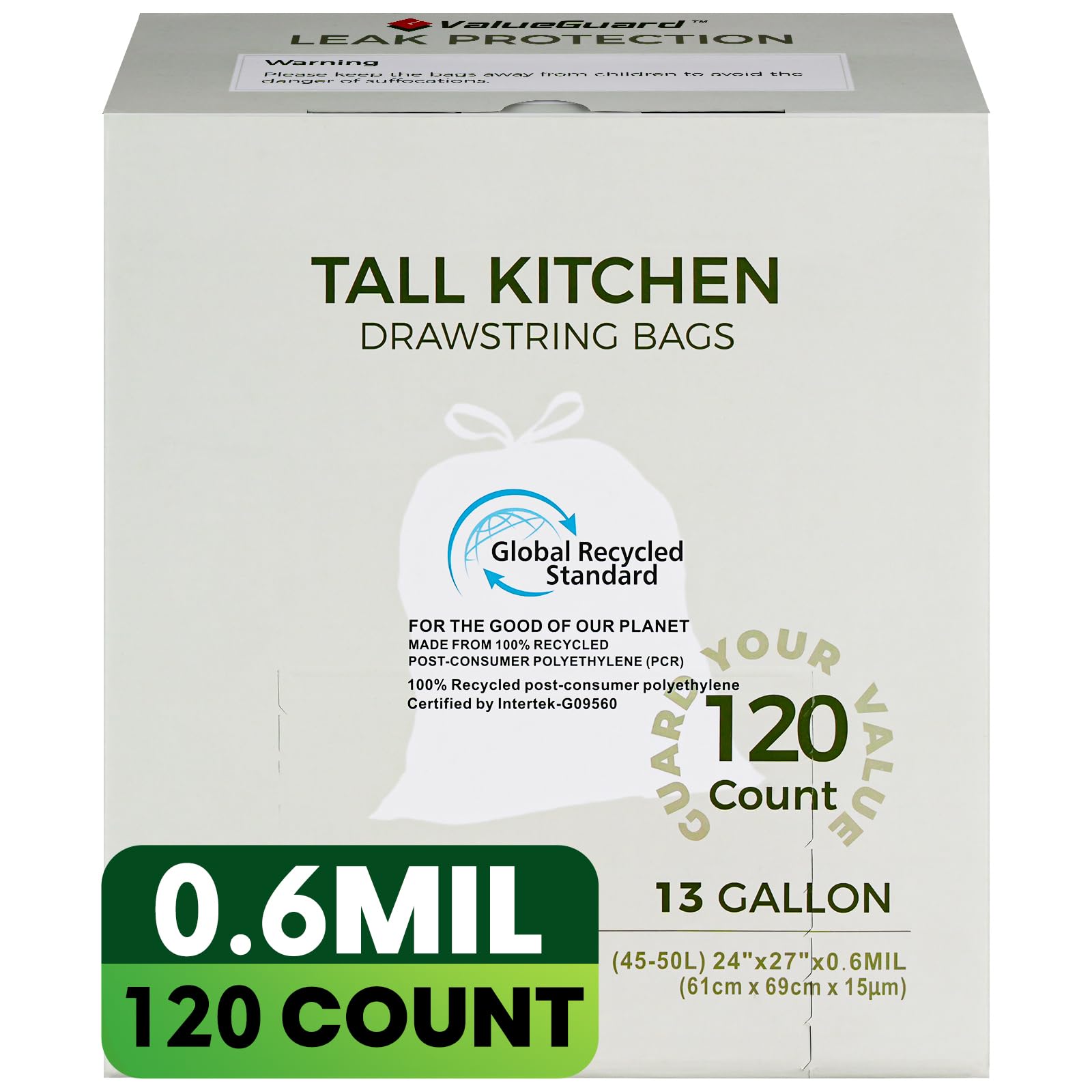 Large Trash Bag 13 Gallon Tall Drawstring 100% Post (120 Count)