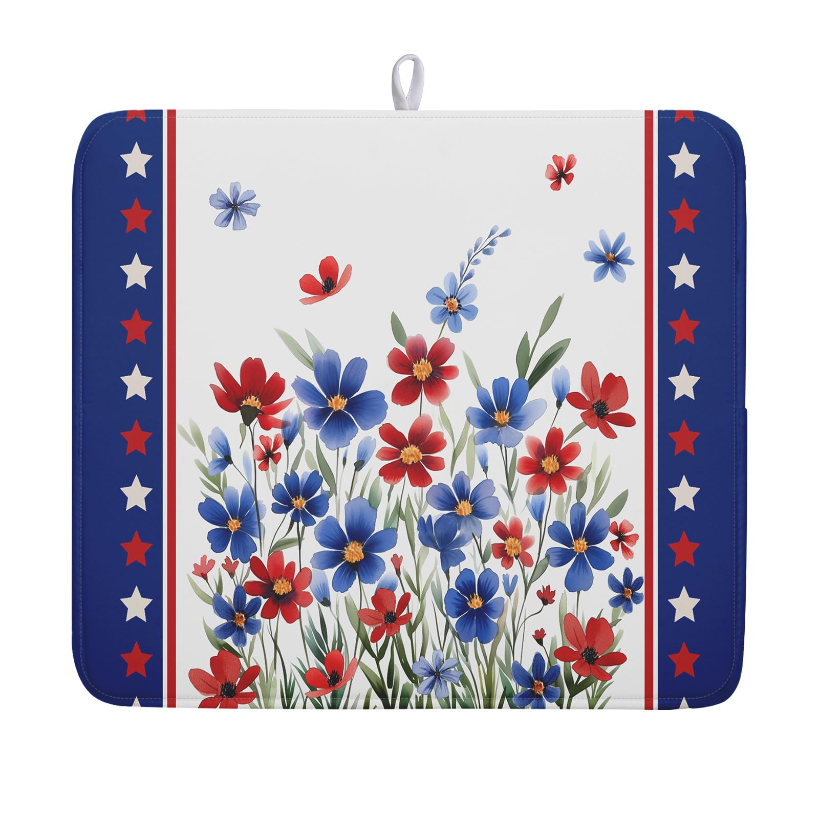 4th of July Dish Drying Mats for Kitchen Counter Patriotic Star Microfiber Absorbent Dish Drainer Rack Mat Summer Floral Independence Day Protector Sinks Dishes Pad for Countertop Table Decor 16”x18”
