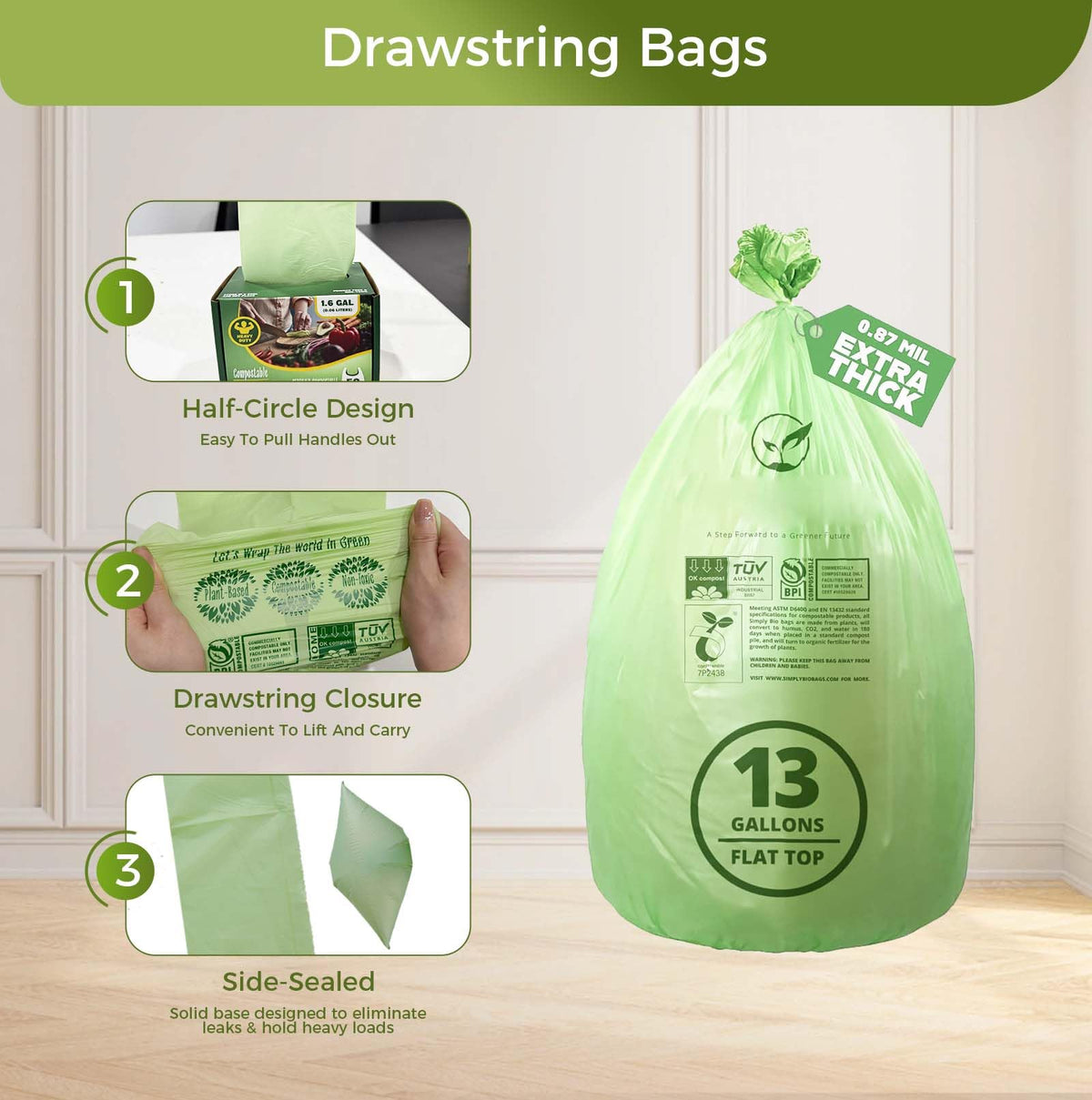 13 Gallon Compostable Trash Bags with Flat (50 Count)