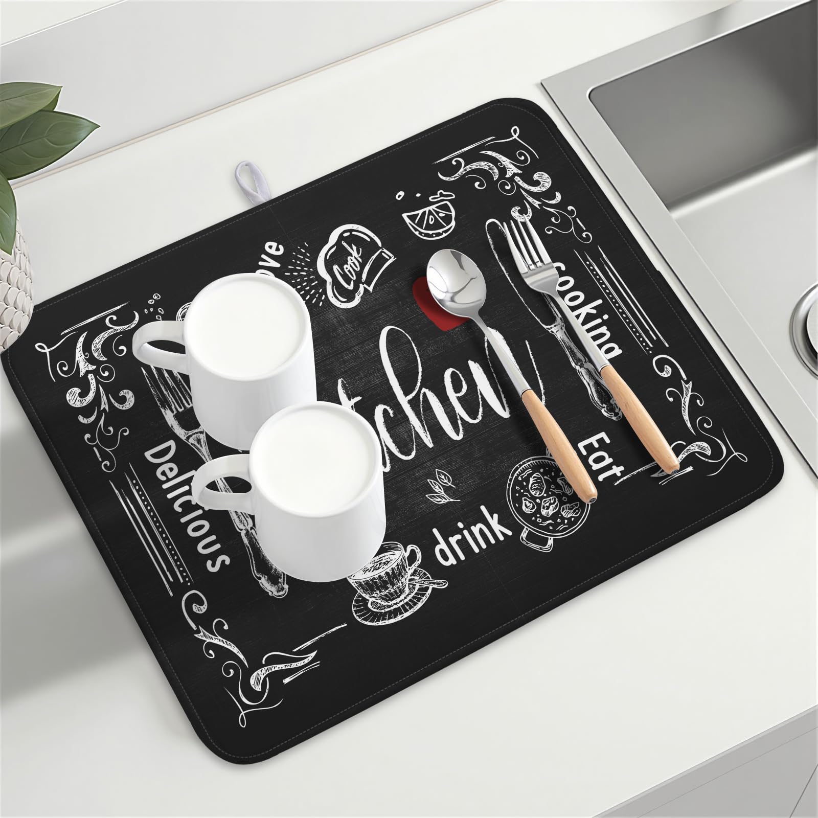 Black Coffee Bar Dish Drying Mats for Kitchen Counter 18x24 Inch
