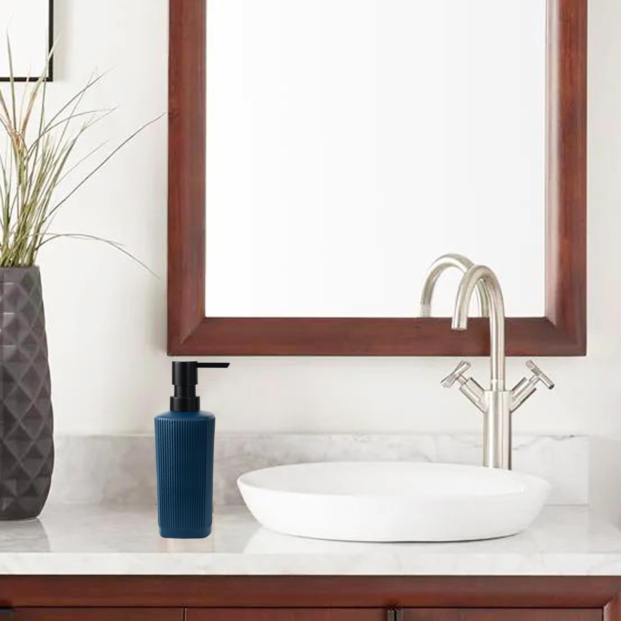 12 oz Glass Soap Dispenser with Vertical Stripe with Black Plastic Rustproof Pump