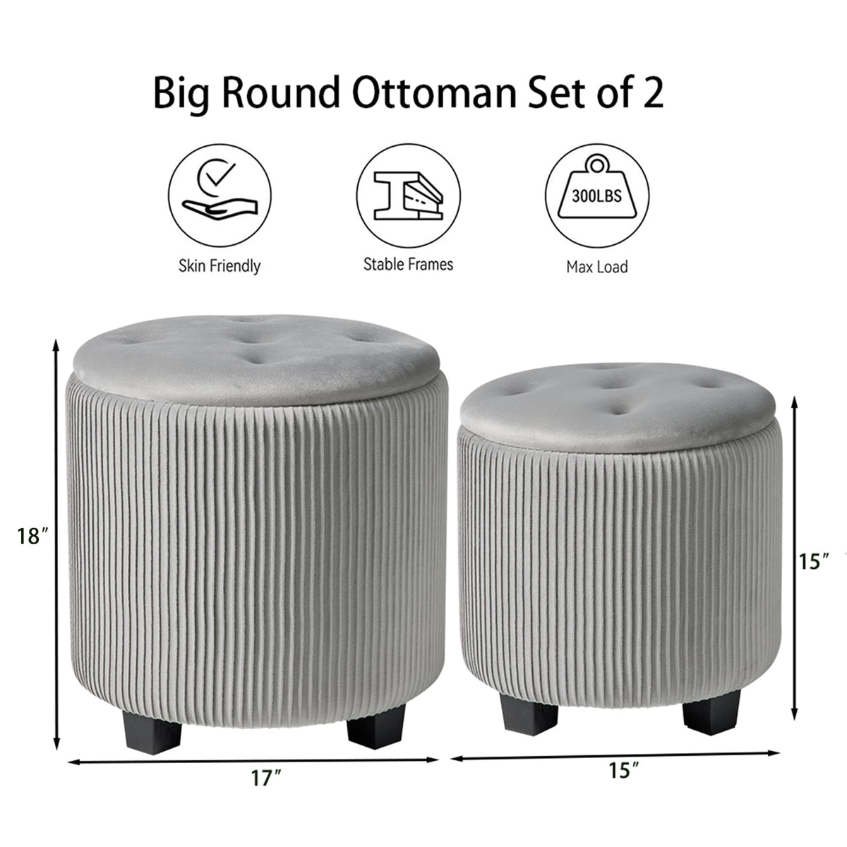 Tufted Ottoman Set of 2 Large Round Velvet Storage Ottoman Gra (2 Count)