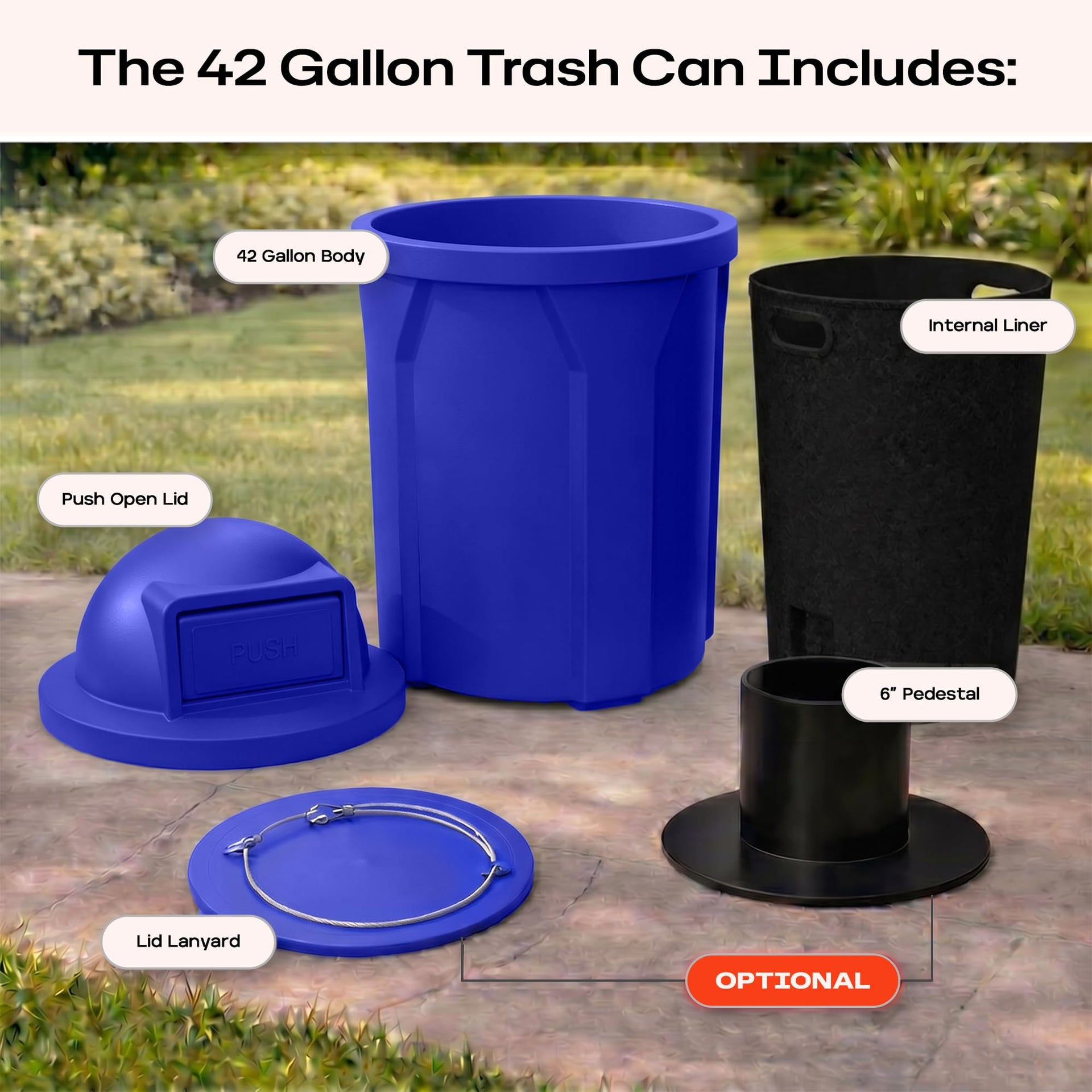 Campus Collection 42 Gallon Plastic Commercial Garbage Can with Push Lid