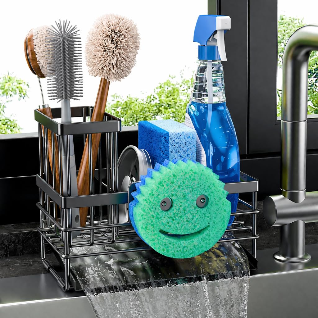 Sink Caddy Sponge Holder for Kitchen with Brush Holder and Stainless Steel Self Drain Tray