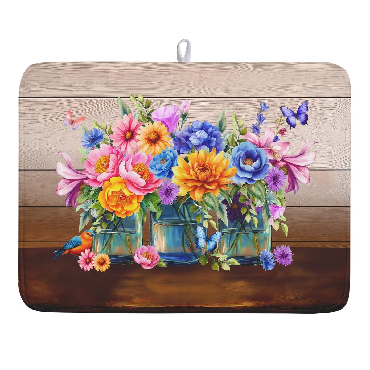 Summer Flowers Dish Drying Mat for Kitchen Counter 18x24in Vintage Colorful Floral Kitchen Drying Mat Soft Absorbent Microfiber Farmhouse Flowers Dish Drainer Rack Mats for Kitchen Countertops