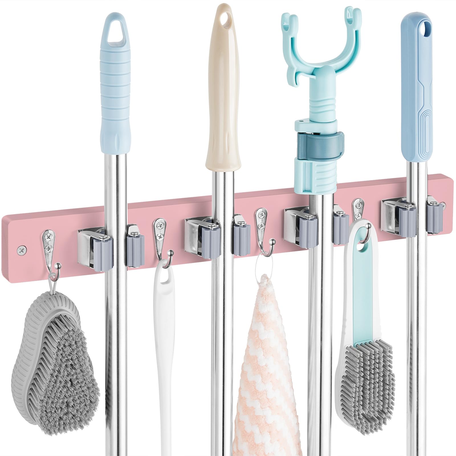 Pink Mop Broom Holder Wall Mount with 4 Slots & 4 Hooks