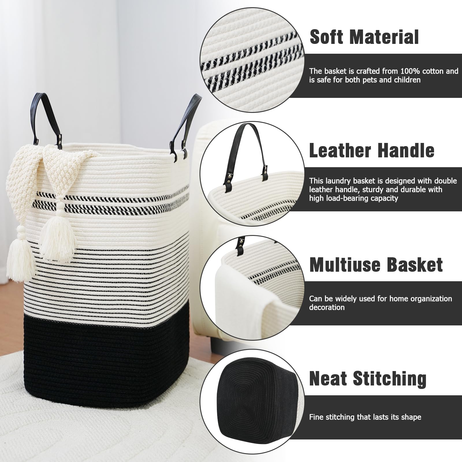 75L Woven Laundry Hamper with Long Leather Handles (67.2 Ounce)
