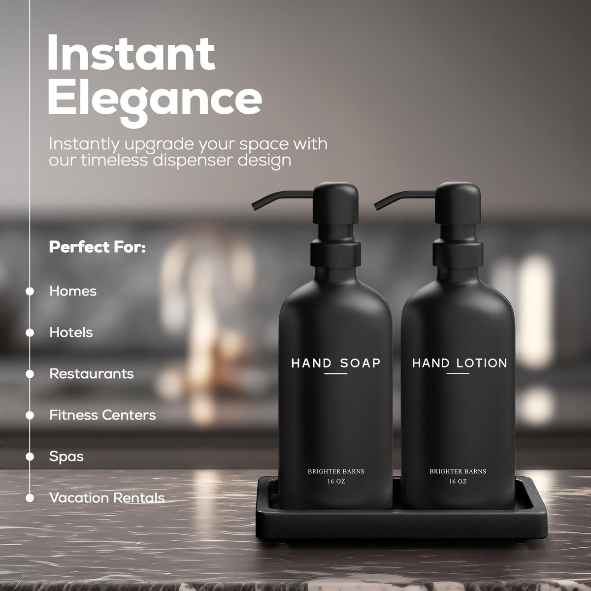 Black Glass Soap and Lotion Dispenser Set with Tray by Brighter Barns