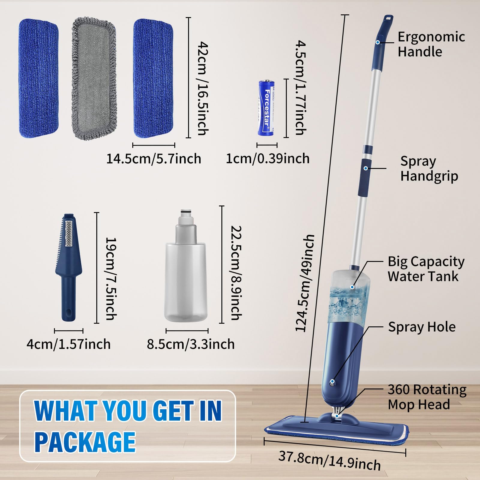 PowerMop Floor Mop with 720 ml Refillable Bottle & 3 Microfiber Pads