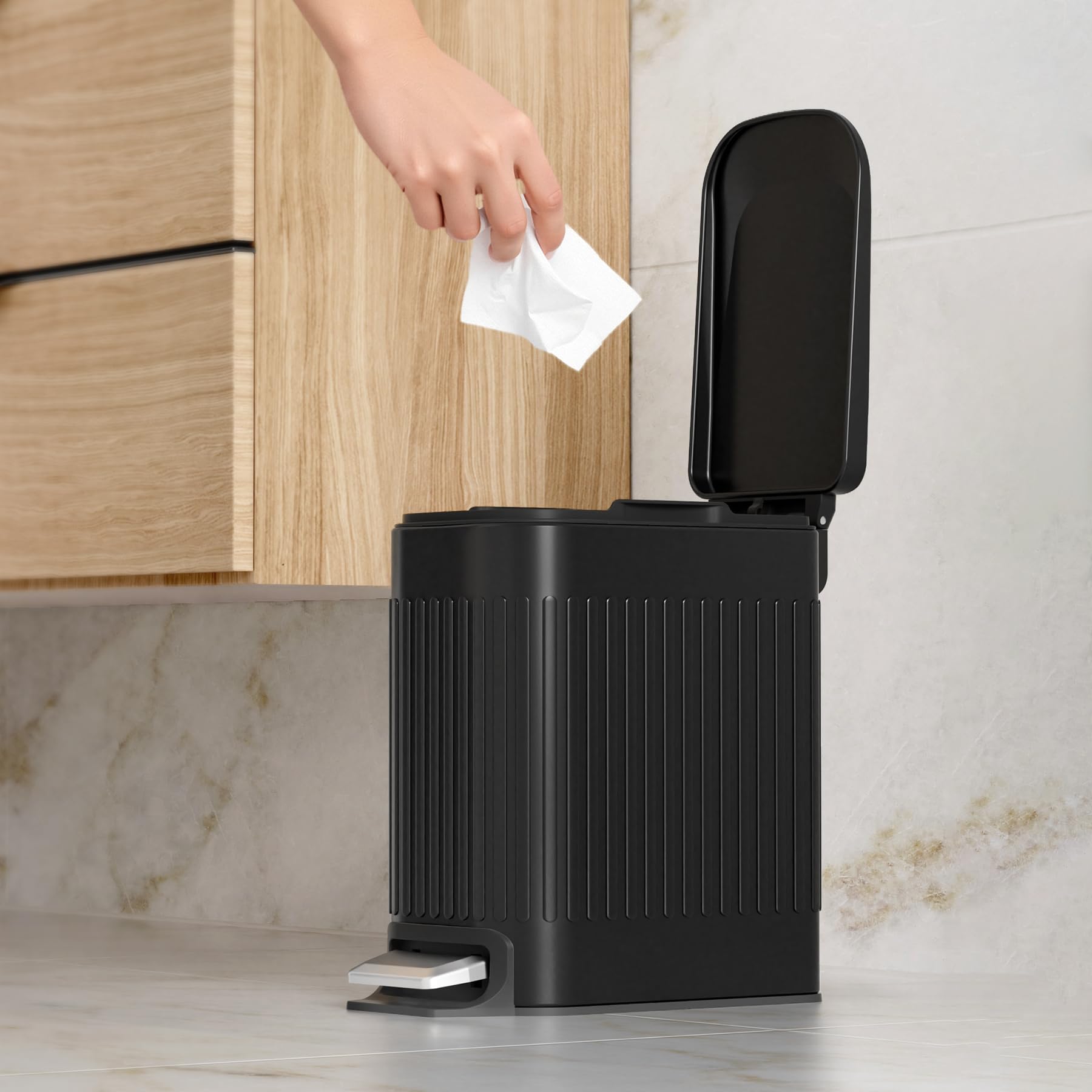 Small Black Bathroom Trash Can with Lid Soft Close & Pedal