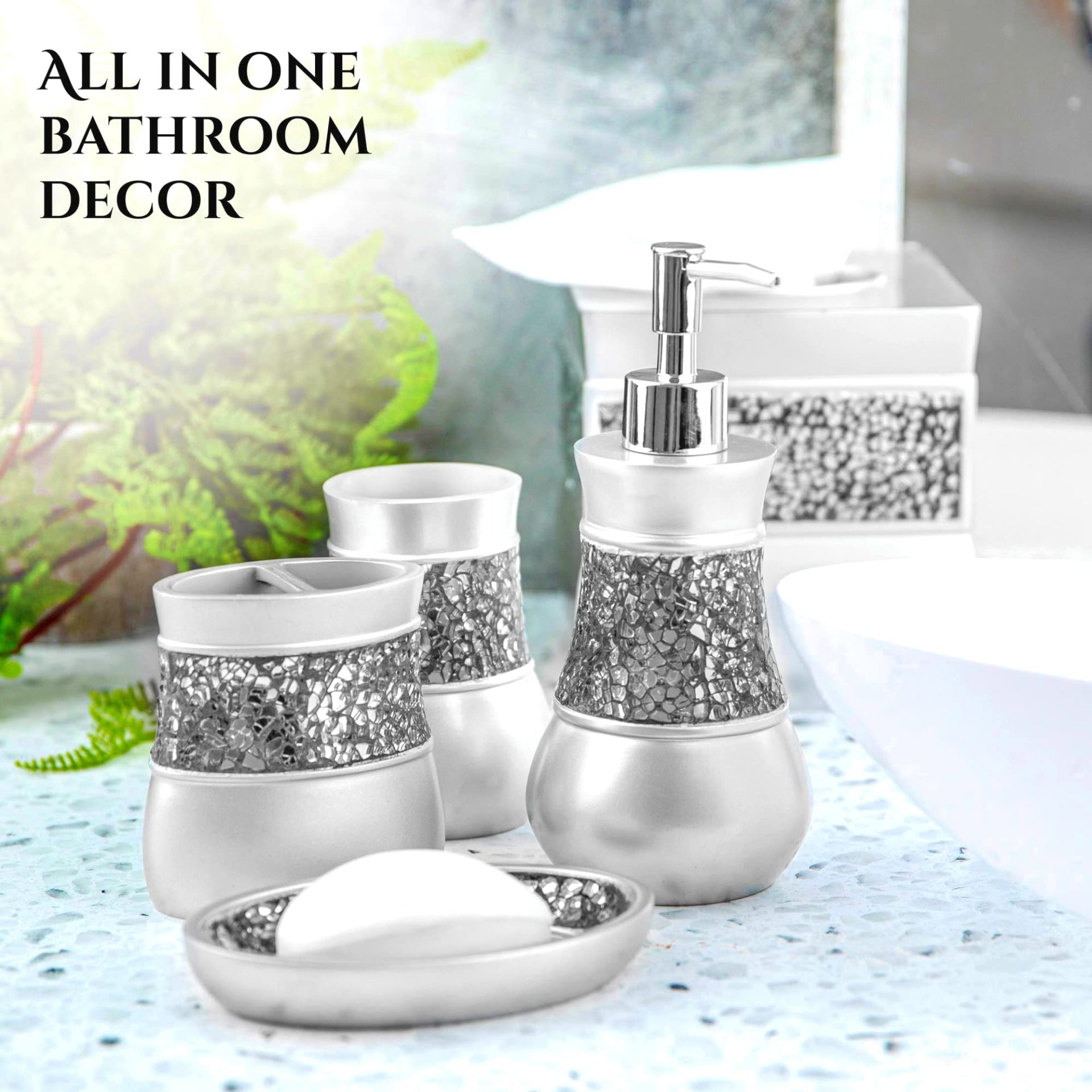 Crackled Glass 6 Pc. Silver Resin Bathroom Accessories Set (6 Count)