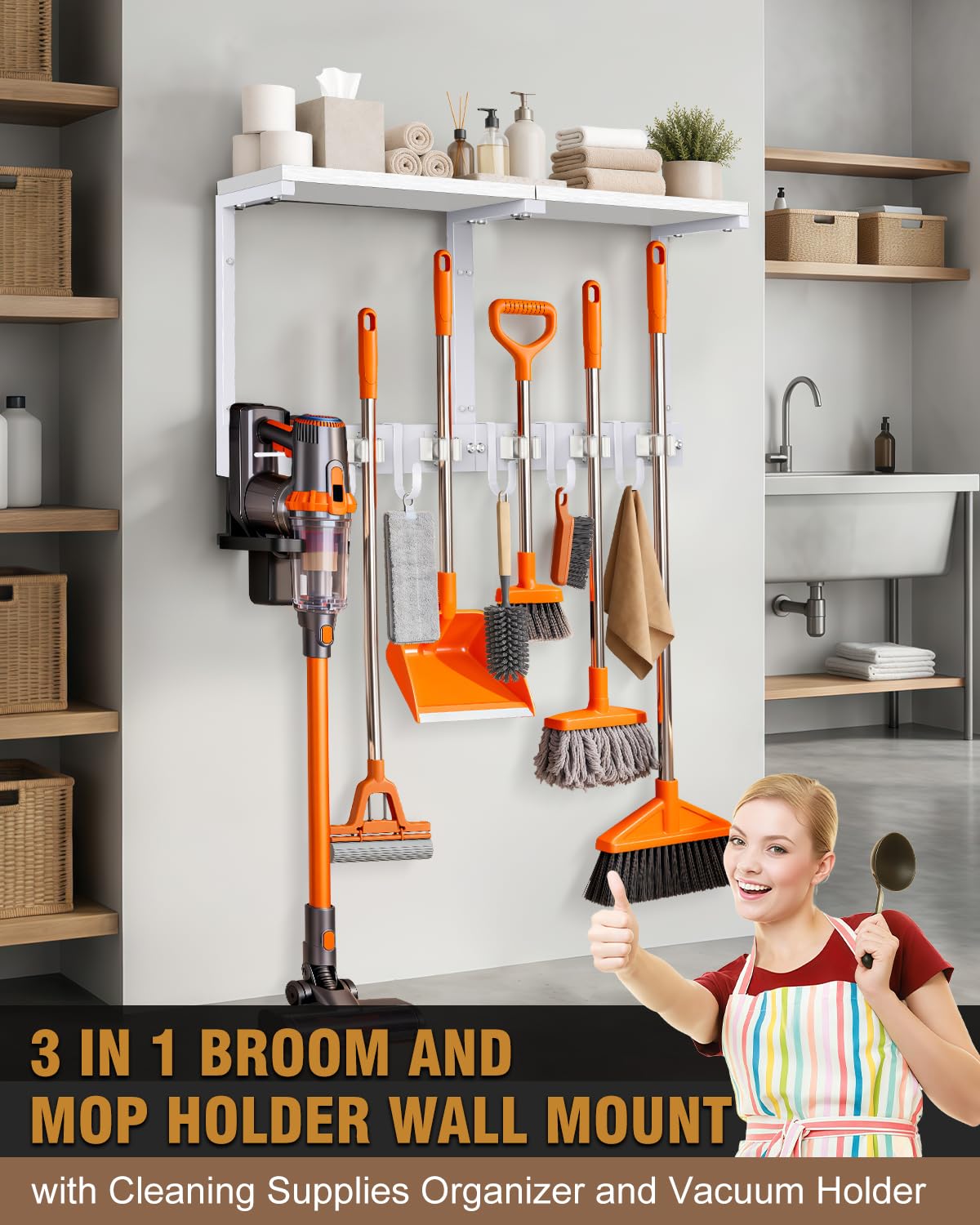 Large Broom Holder Wall Mount with Shelf