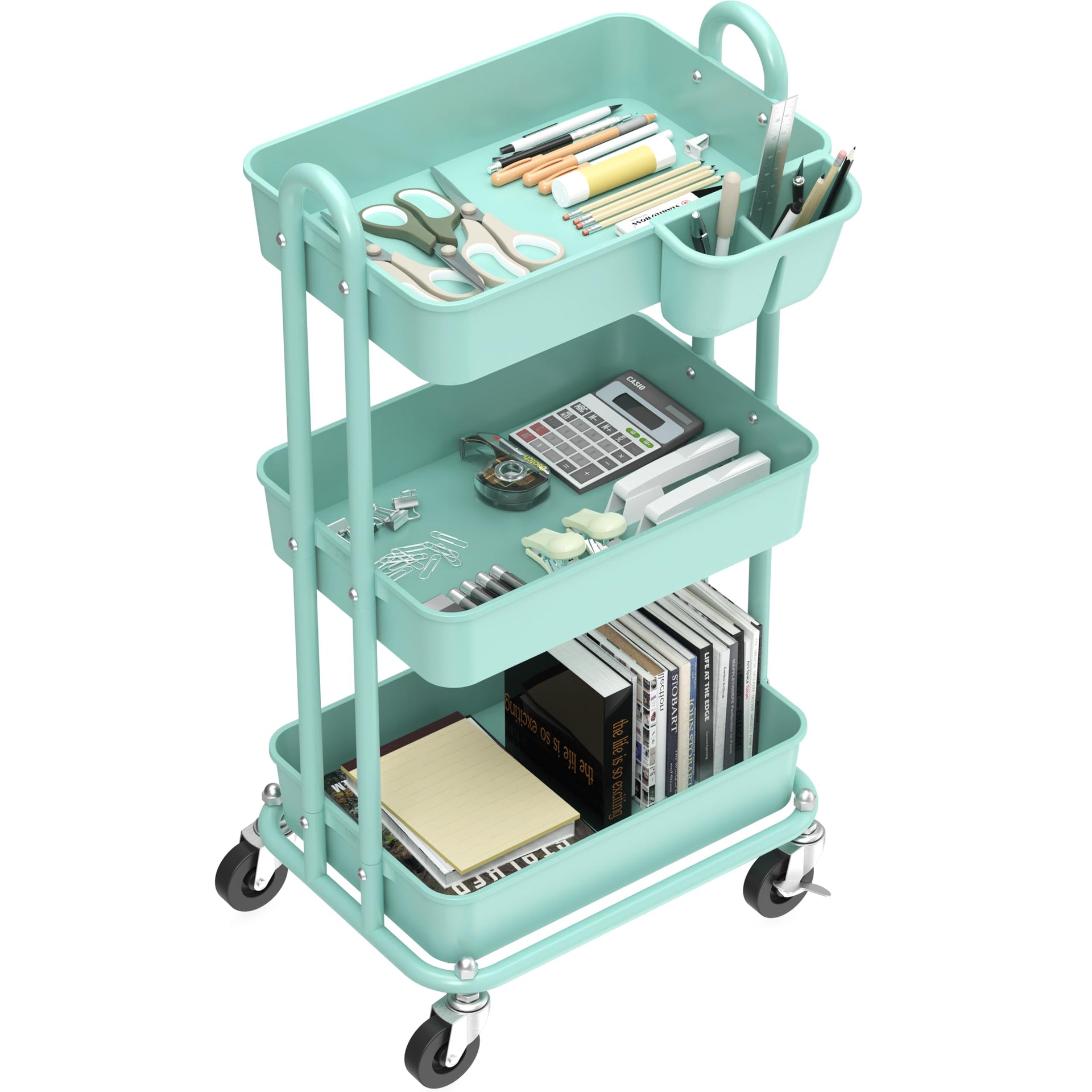 3 Tier Rolling Utility Cart with Hanging Bucket