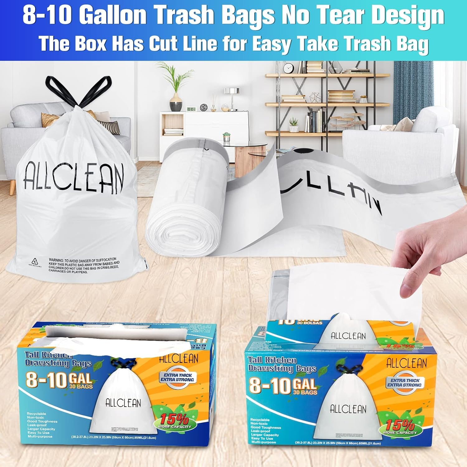 Trash Bags 10 Gallon Medium Kitchen Drawstring Garbage Bag Fit 8