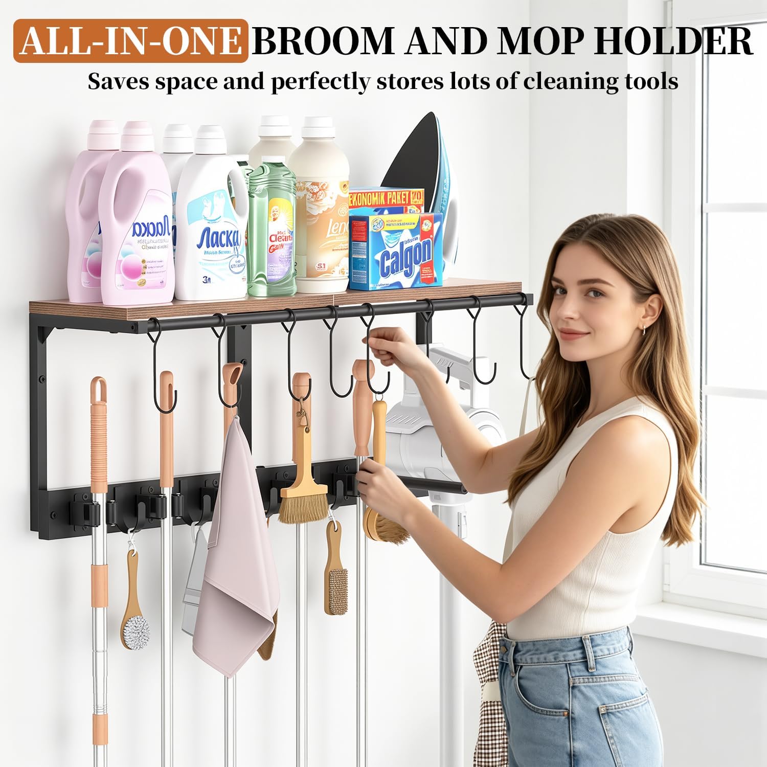 3-in-1 Broom Holder Wall Mount Broom and Mop Organizer Wall Hanging