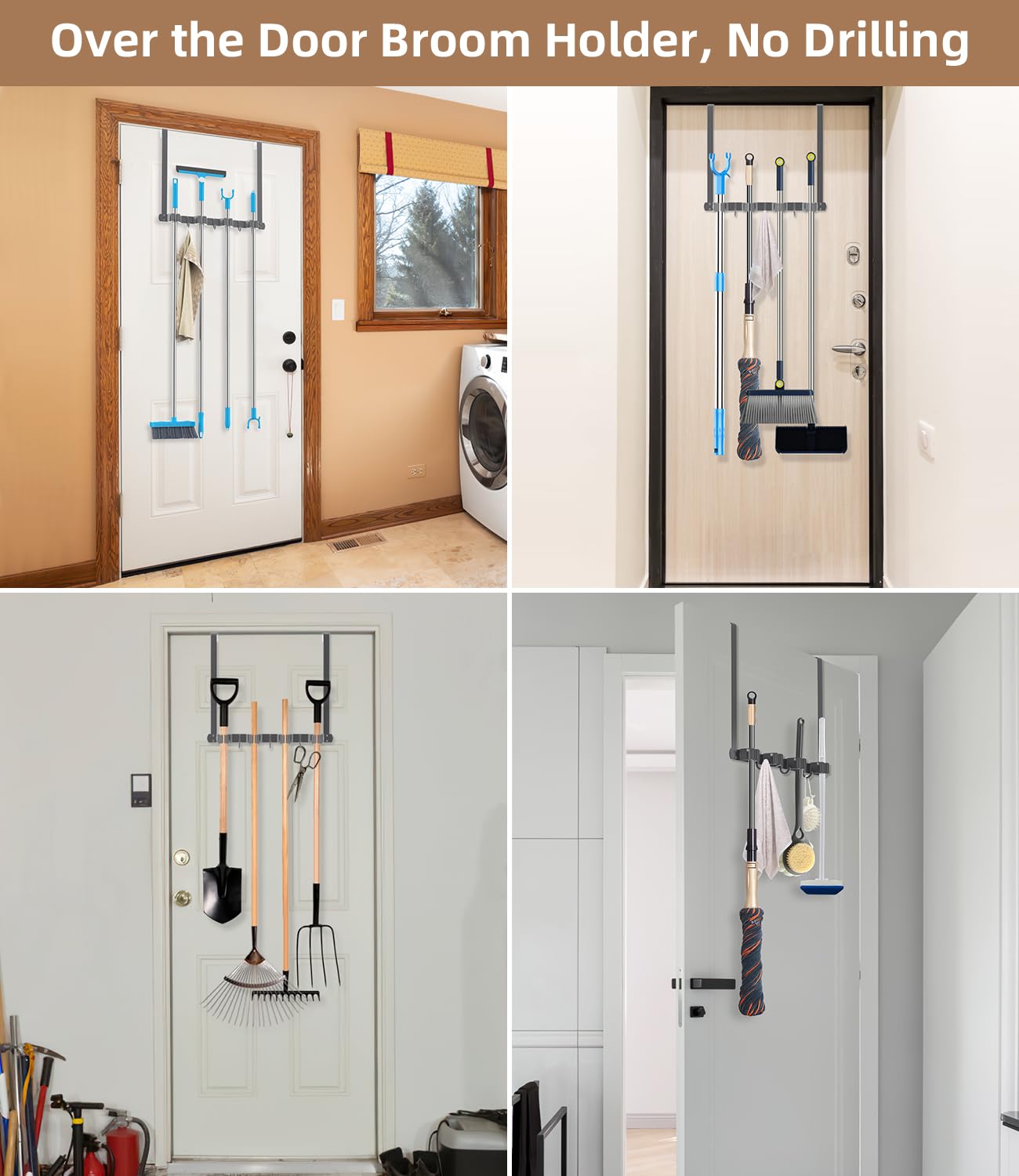 Broom Holder Over The Door with Hooks