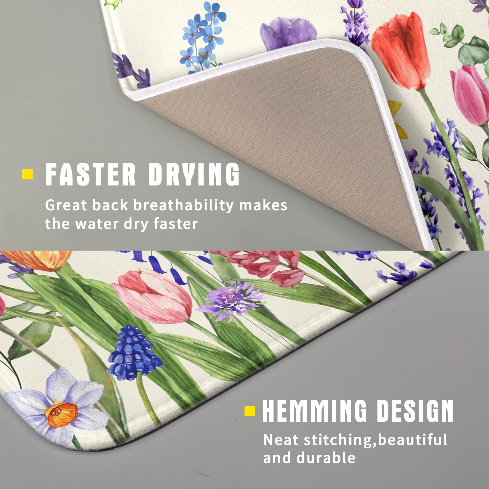 Spring Summer Colorful Flower Dish Drying Mat 16x18 Inch Spring Wildflowers Kitchen Pad Botanical Floral Drainer Rack Mats Absorbent Fast Dry Microfiber Dish Drying Pad for Countertop Table Decoration