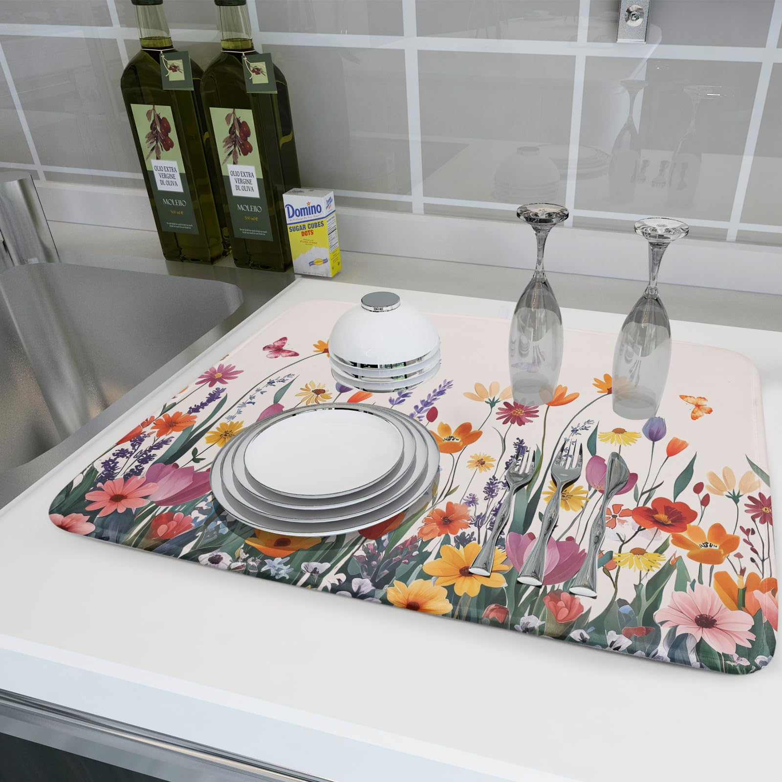 Spring Summer Flowers Dish Drying Mat for Kitchen Counter 16"x18" Colorful Floral Drying Mat Soft Absorbent Microfiber Farmhouse Fluttering Butterfly Dish Drainer Rack Mats for Counter tops
