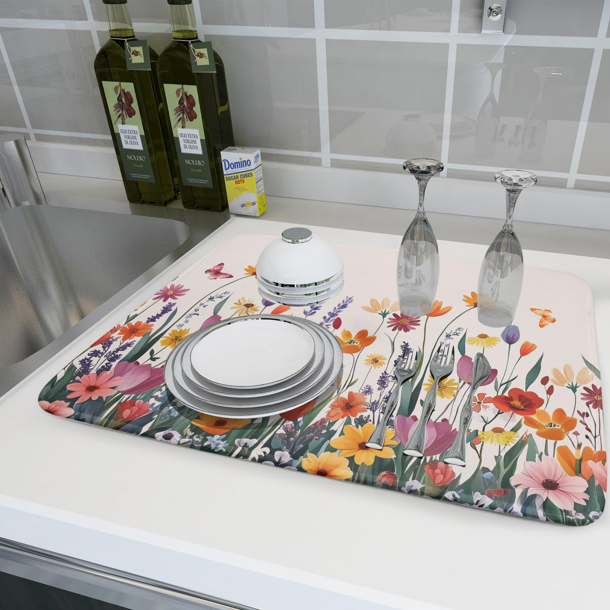 Spring Summer Flowers Dish Drying Mat for Kitchen Counter 16"x18" Colorful Floral Drying Mat Soft Absorbent Microfiber Farmhouse Fluttering Butterfly Dish Drainer Rack Mats for Counter tops