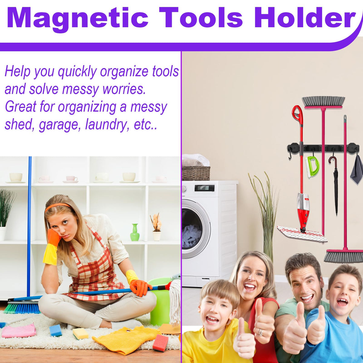 Heavy Duty Magnetic Mop Broom Holder with Swivel Hooks