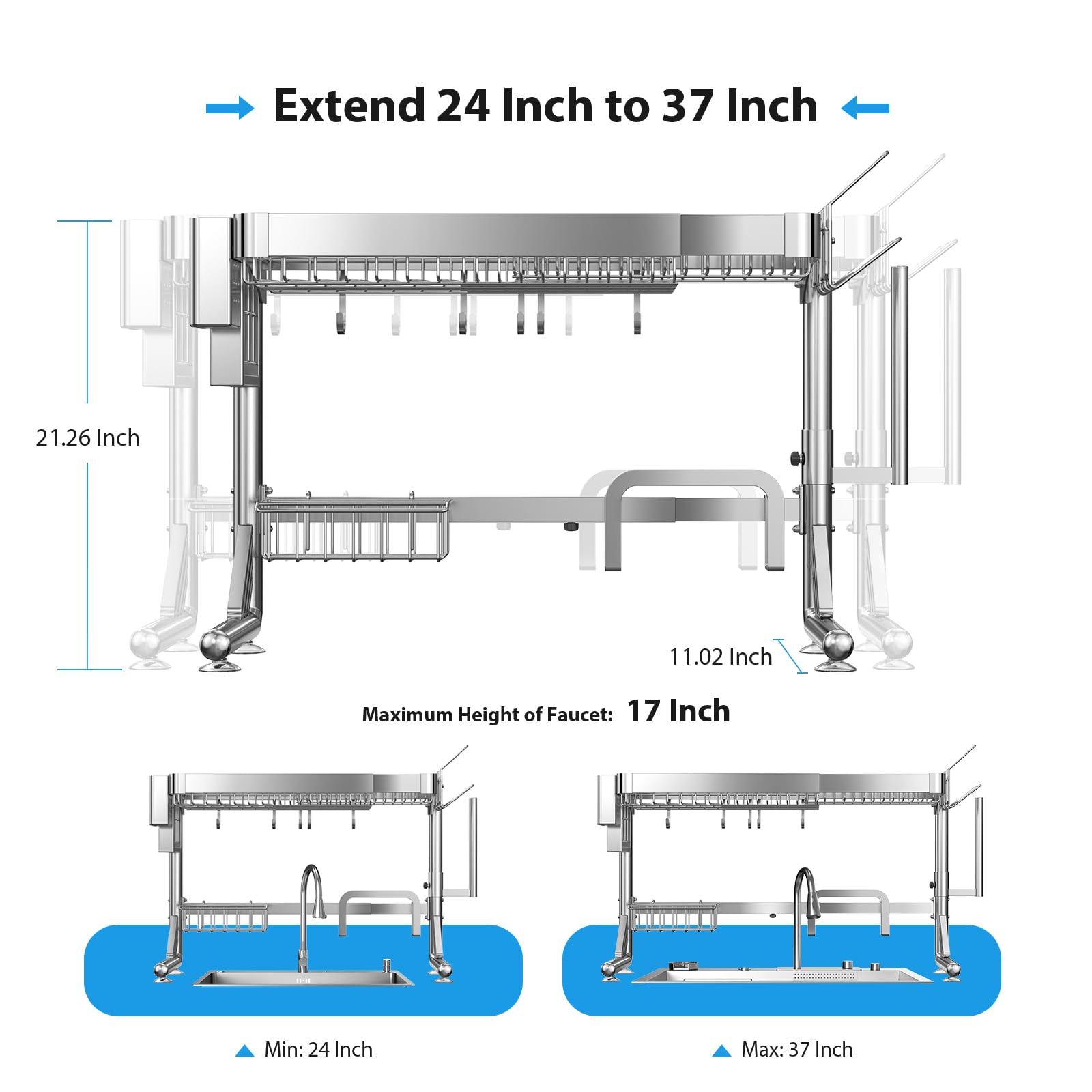 Over The Sink Dish Drainer Drying Rack 2 Tier Adjustable Width
