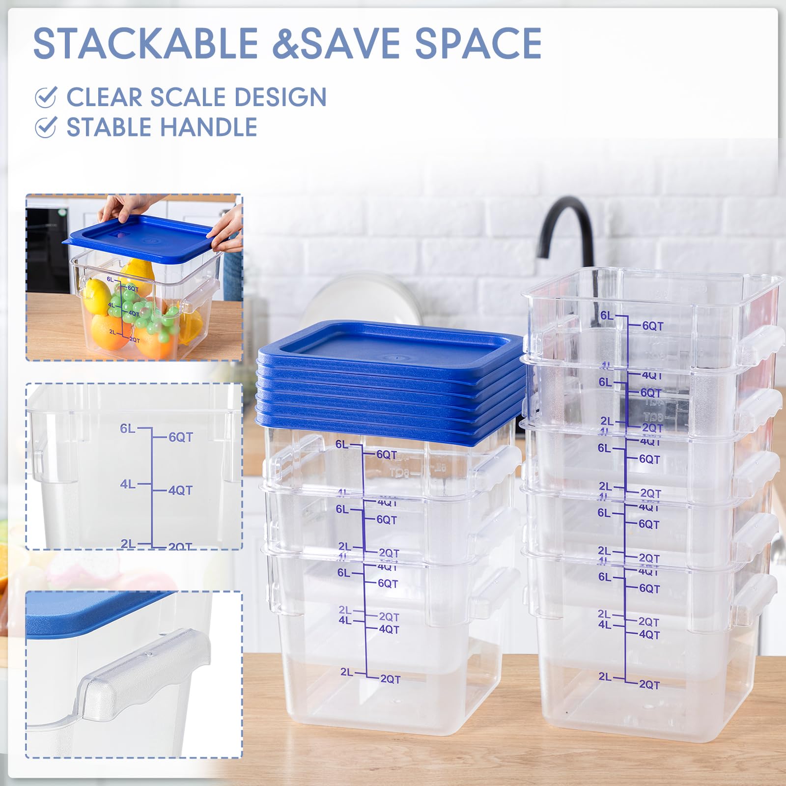 8 Pack 6 Qt Commercial Food Storage Containers with Lids Square Food Storage Container Clear Cereal Storage Containers for Kitchen Freezer Pantry Restaurant Flour Sugar (8 Count)
