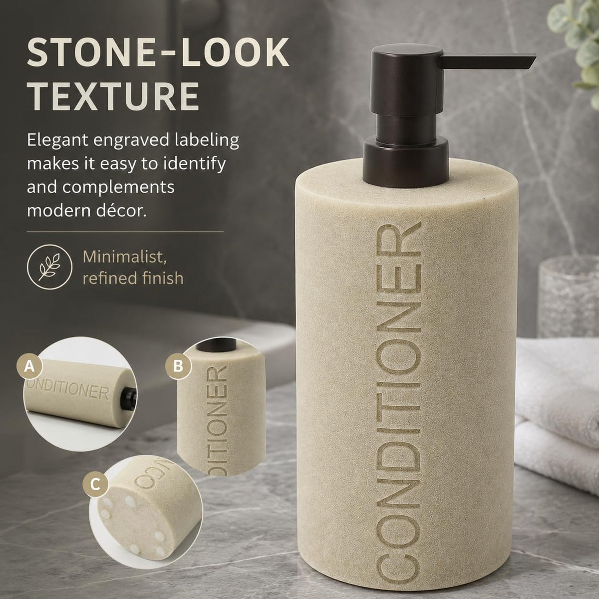 Resin Tan Sandstone Conditioner Engraved Bottle Refillable Pump Dispenser