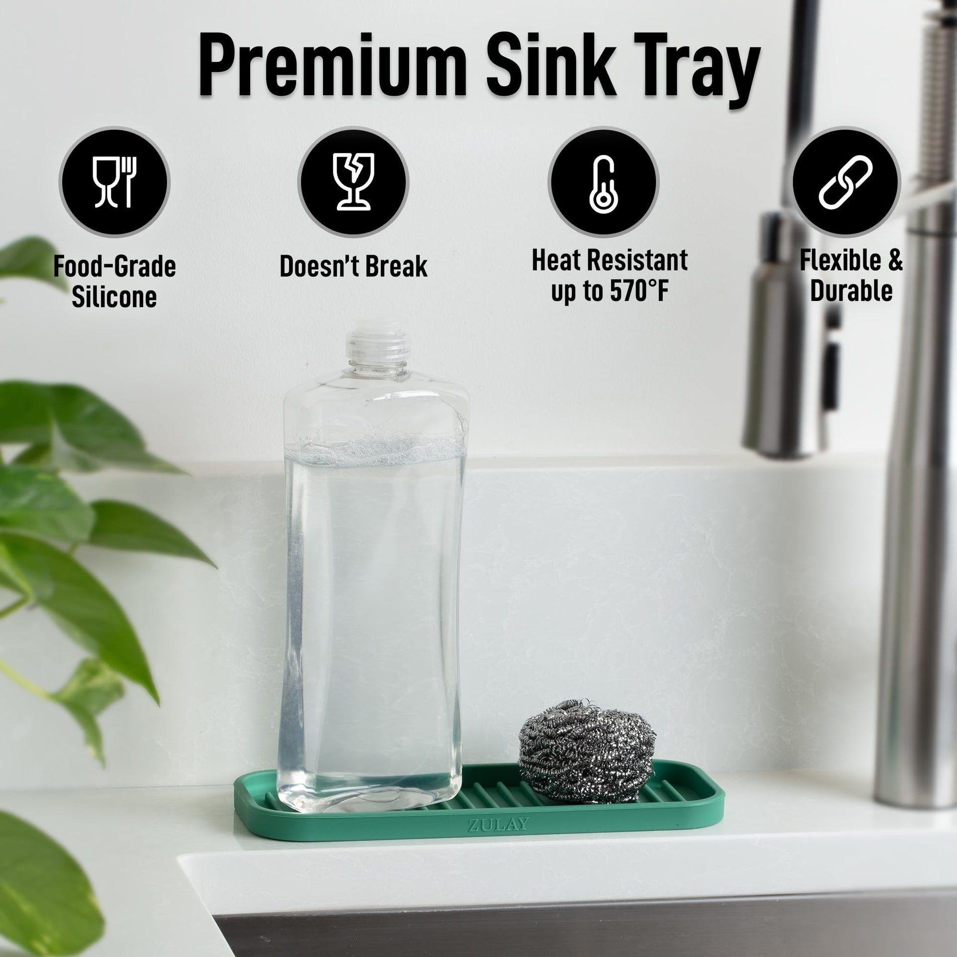 9x3.5) Silicone Sponge Holder for Kitchen Sink - Flexible Multipurpose Soap Tray - Sink Organizer for Kitchen, Bathroom, Makeup, Trinkets & More (Pine Green)