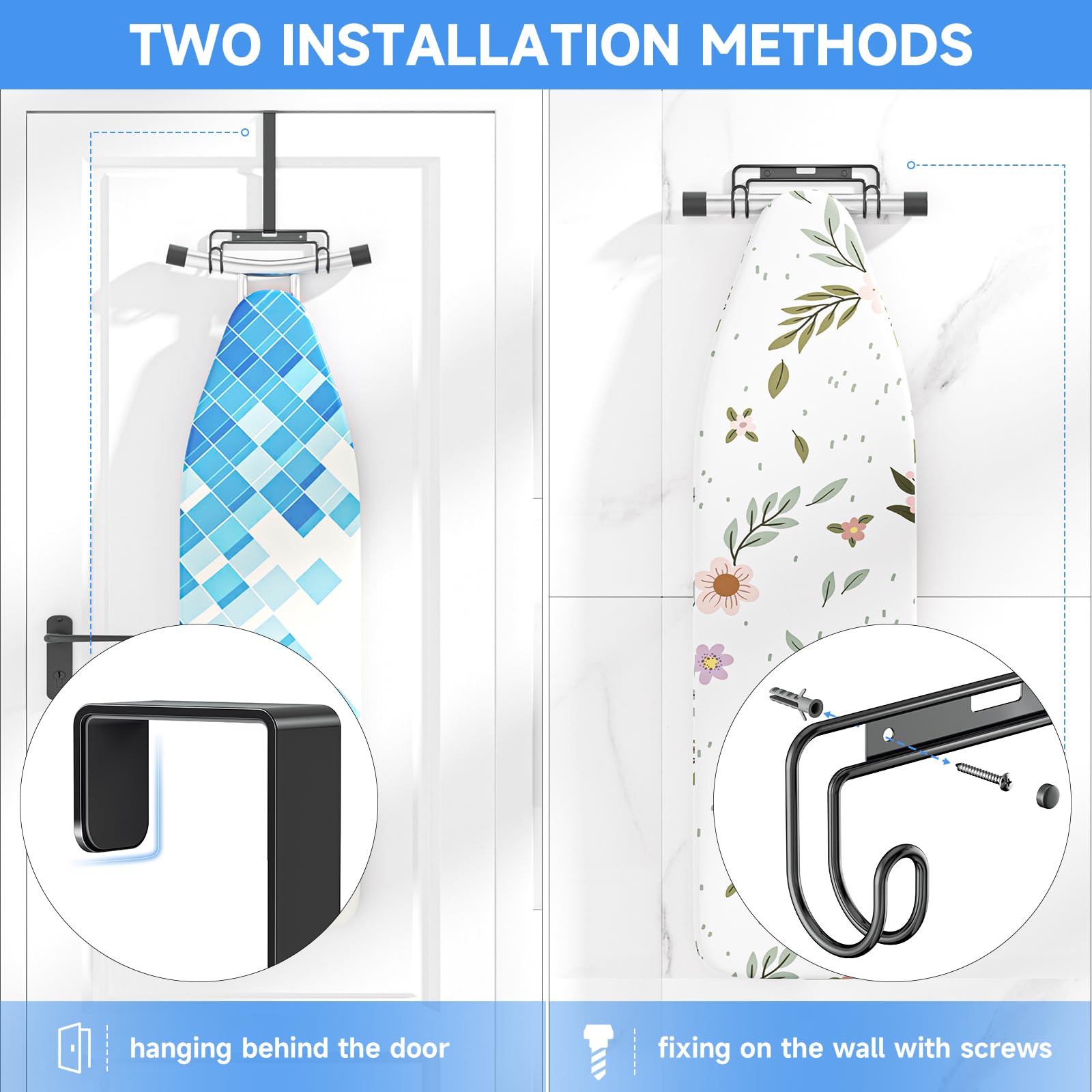 Over The Door & Wall Mount Ironing Board Hanger with Removable Hook