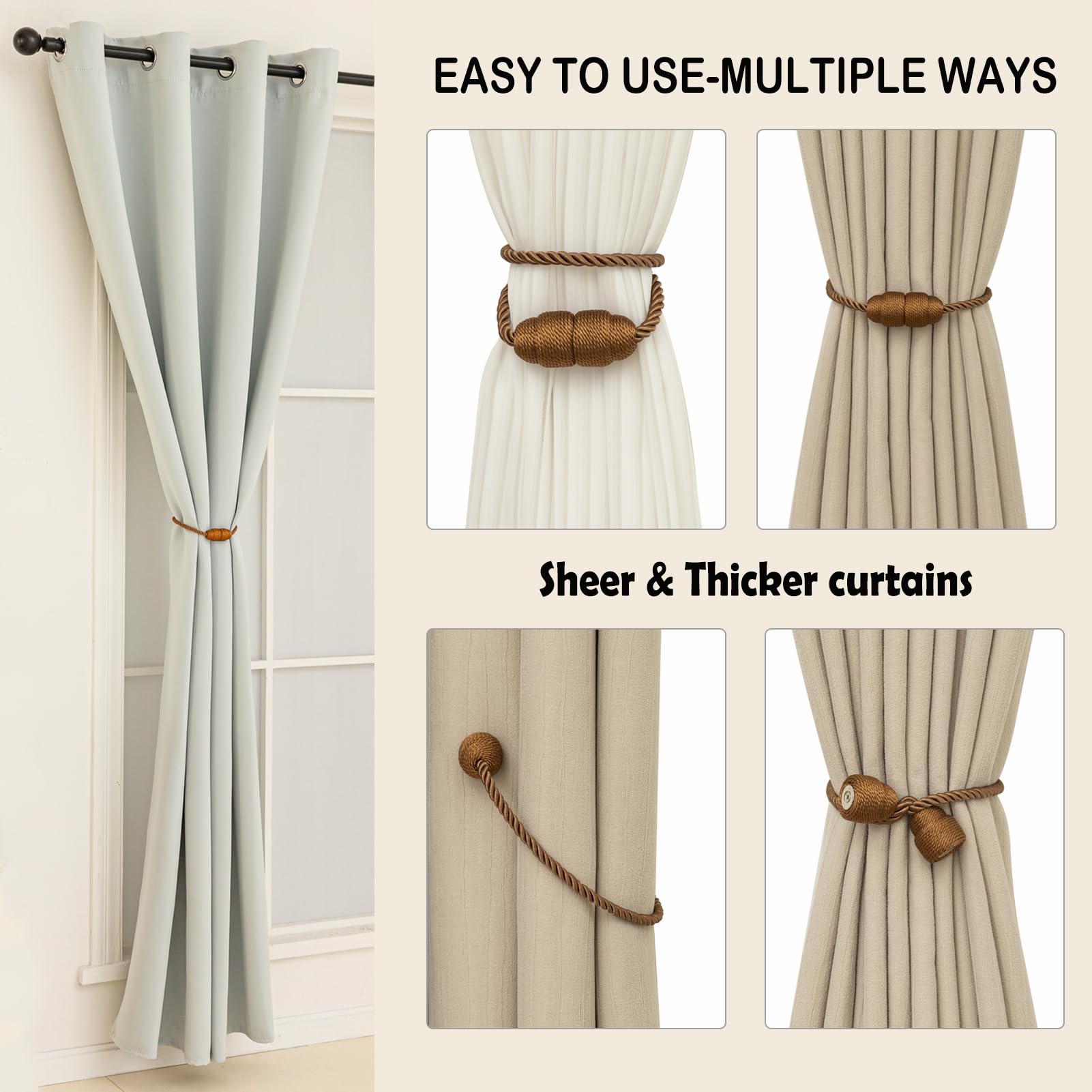 Magnetic Rope Curtain Tiebacks 6 Pack Holders for Drapes and Curtains (6 Count)