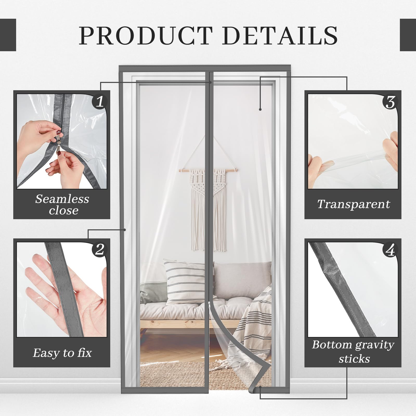 1 Pack Zipper 60 x 102 Inch Dust Barrier Door Kit 5 x 8.5 ft Reusable Temporary Wall Construction Plastic Curtain Cover Containment Standard Gray Doorway Screen Sheeting for Home Renovation