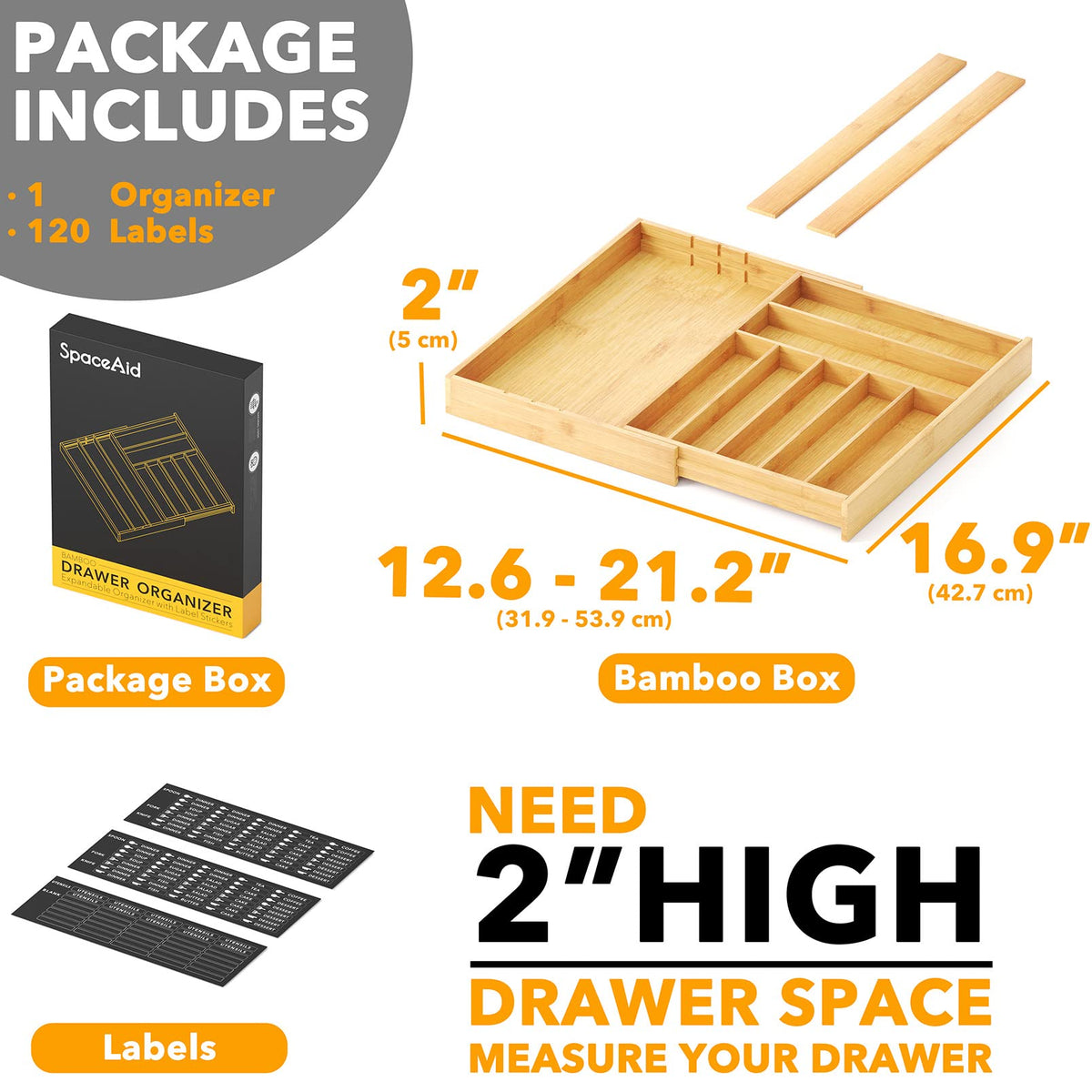 Bamboo Silverware Drawer Organizer with Labels