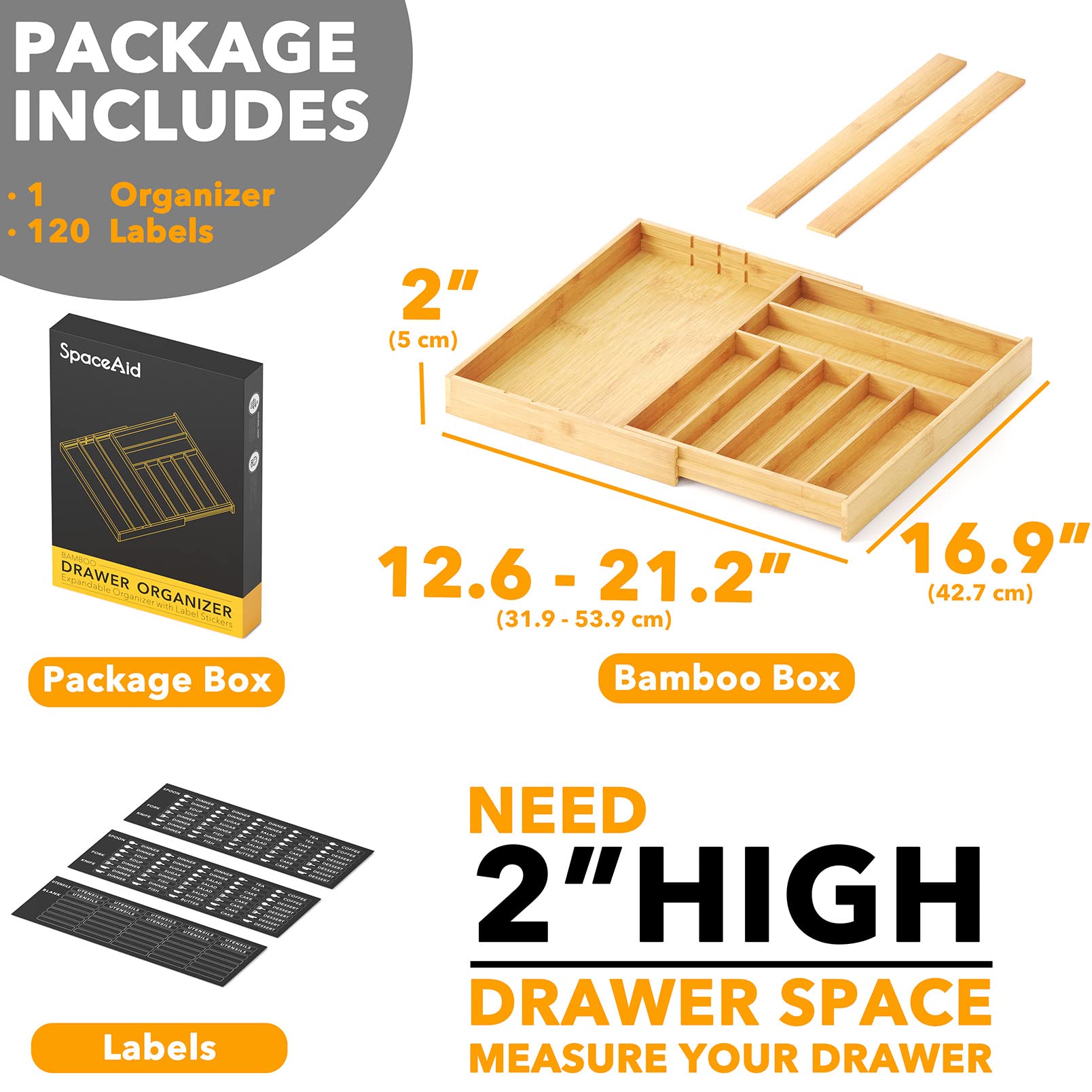 Bamboo Silverware Drawer Organizer with Labels