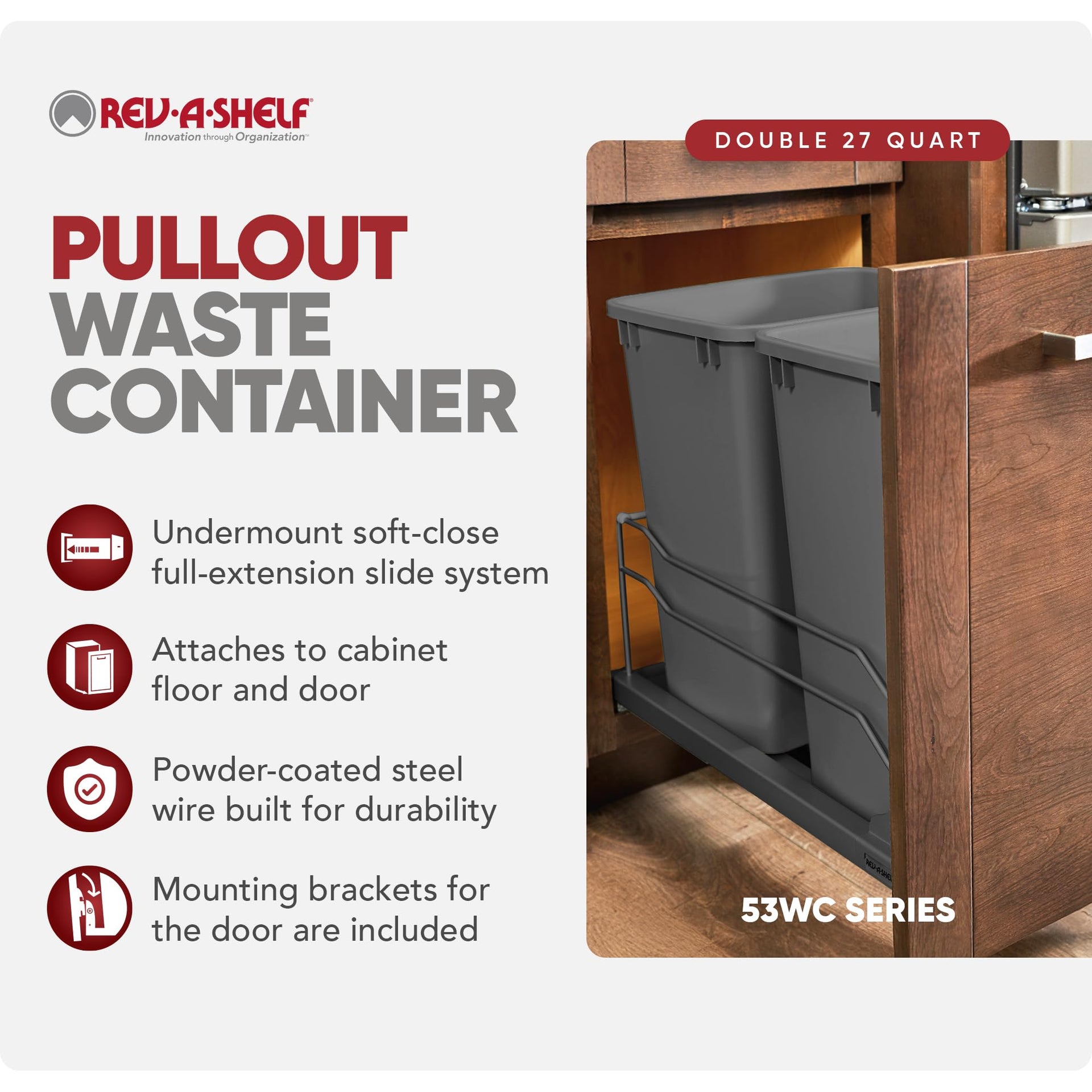 Double 27 Qt Pull Out Trash Cans with Soft Close for Under Kitchen Cabinets