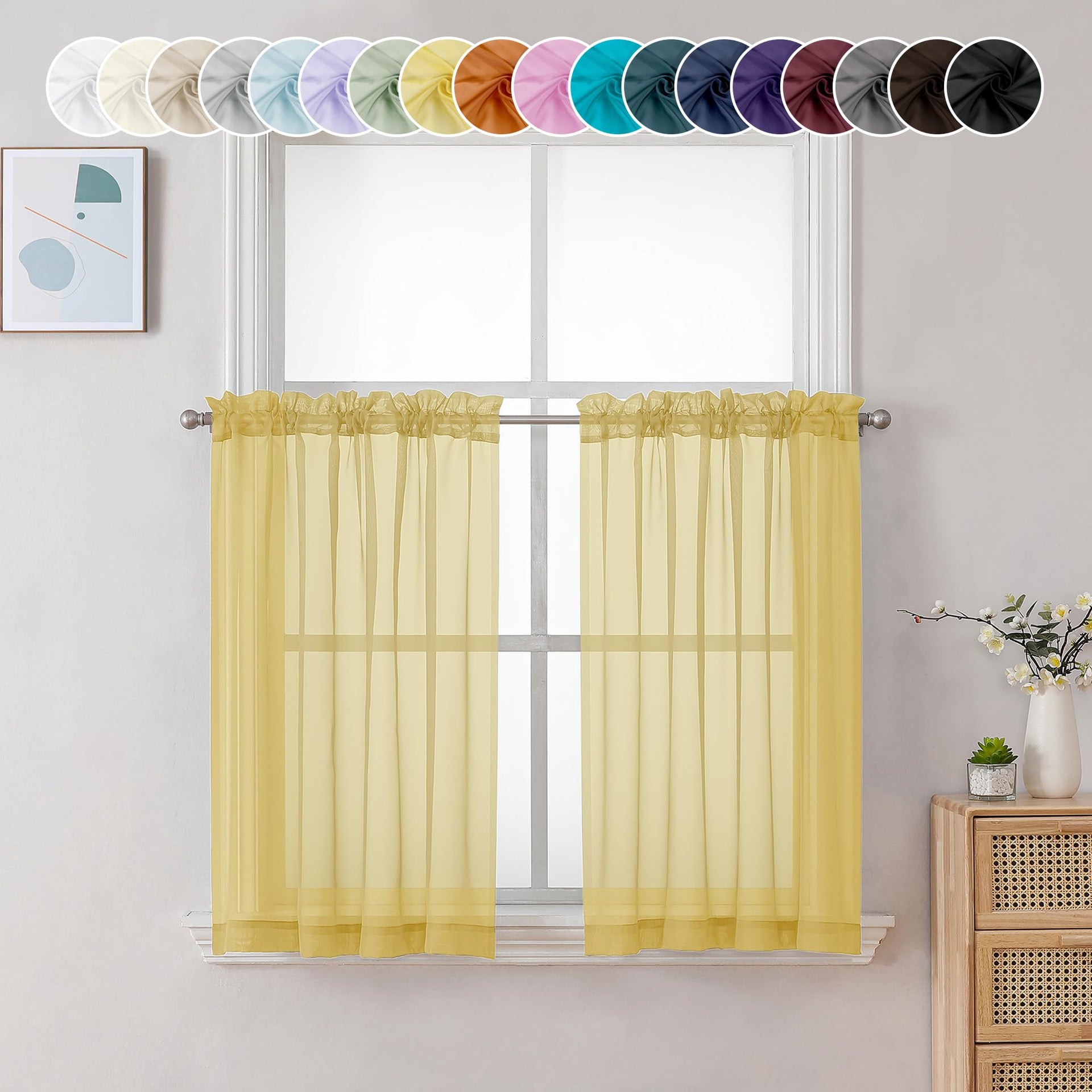 Mustard Yellow Short Sheer Curtains 24 inch Length (2 Count)