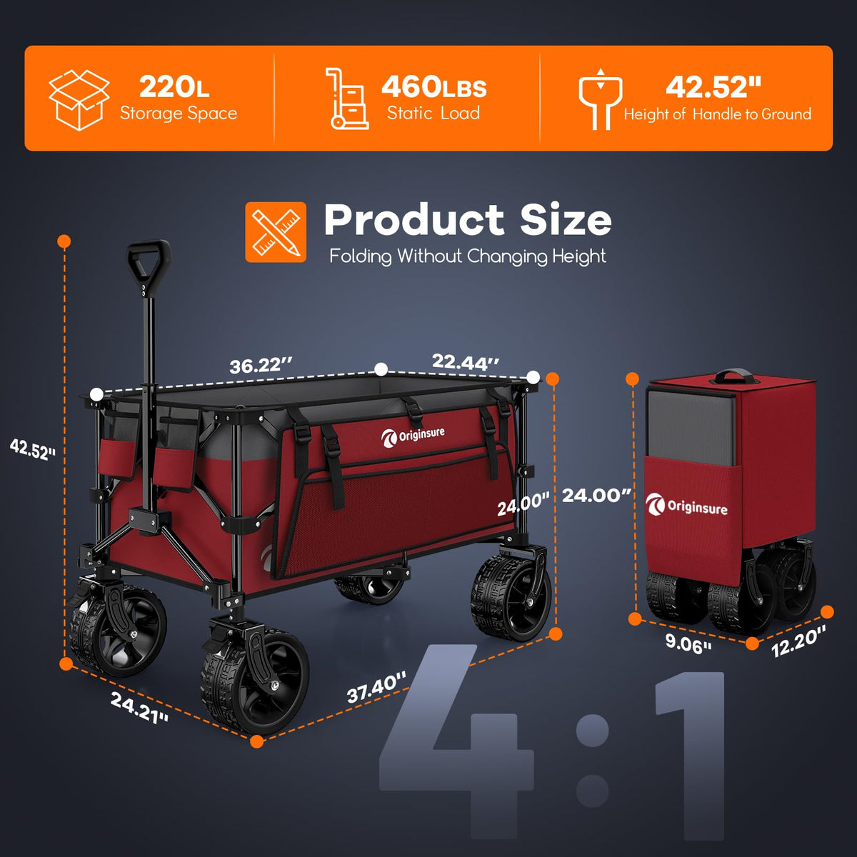 220L Foldable Beach Wagon Cart with Big Wheels