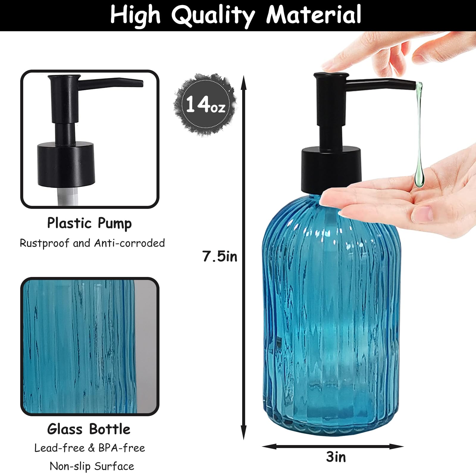 Blue Glass Soap Dispenser Set with Black Pump