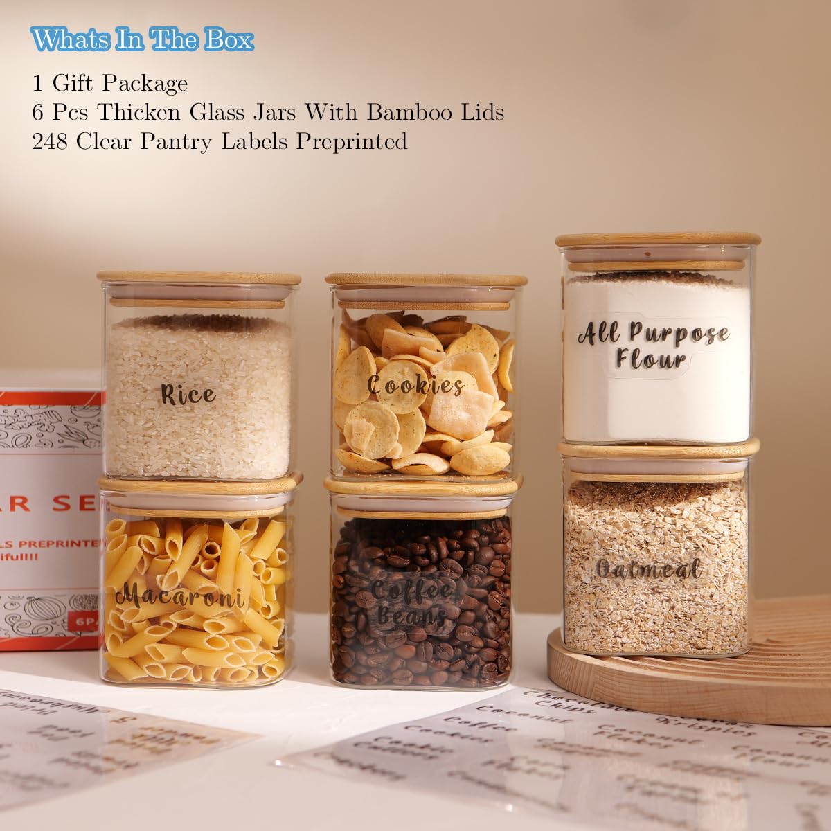 6 Pcs Square Glass Pantry Storage Containers with Bamboo Airtight Lid and 248 Clear Pantry Labels Preprinted