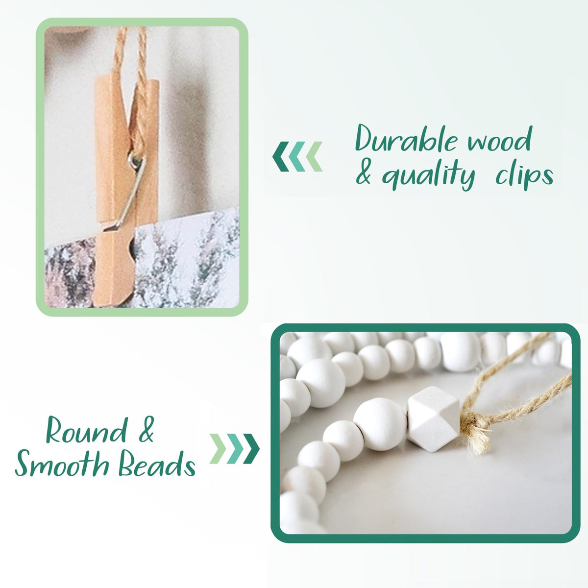 4 Feet Wooden Beads Garland with Clothespins Picture Cards Holder (4 Foot)
