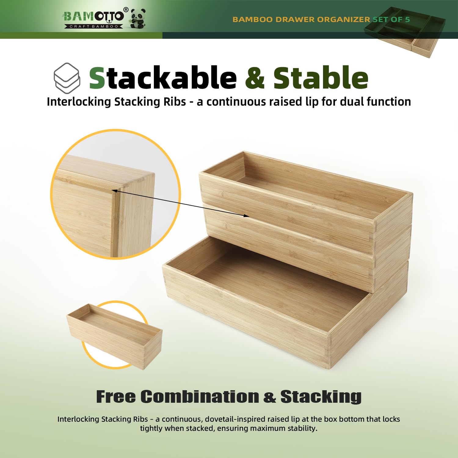 Stackable Bamboo Drawer Organizer Set of 5 for Kitchen (5 Count)