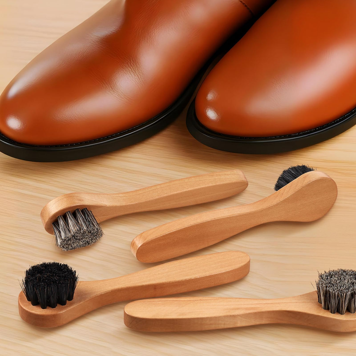 4 Pcs Horsehair Shine Shoes Brush Kit Polish Dauber Applicators Cleaning Leather Shoes Boots Care Brushes Suede Cleaner Brush with Microfiber Shoe Cloth