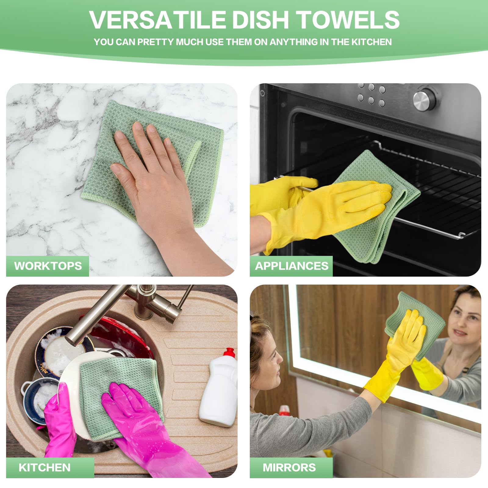 Waffle Microfiber Dish Cloths Green Kitchen Towels (6 Count)