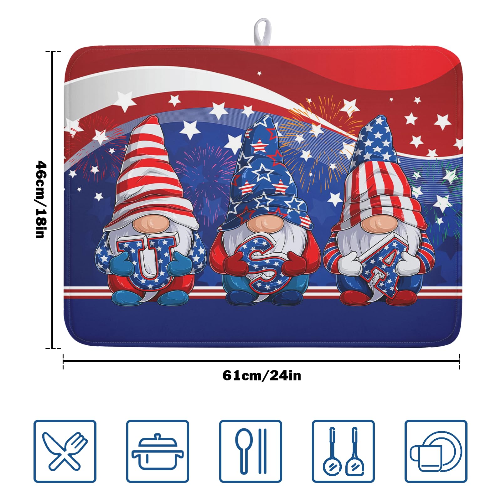 4th of July Dish Drying Mat 18x24 Inch Spring Summer Patrioti Gnome Memorial Kitchen Mats Independece Day Absorbent Dishes Pad for Kitchen Counter Usa Stars Drying Mat Home Decor Countertops
