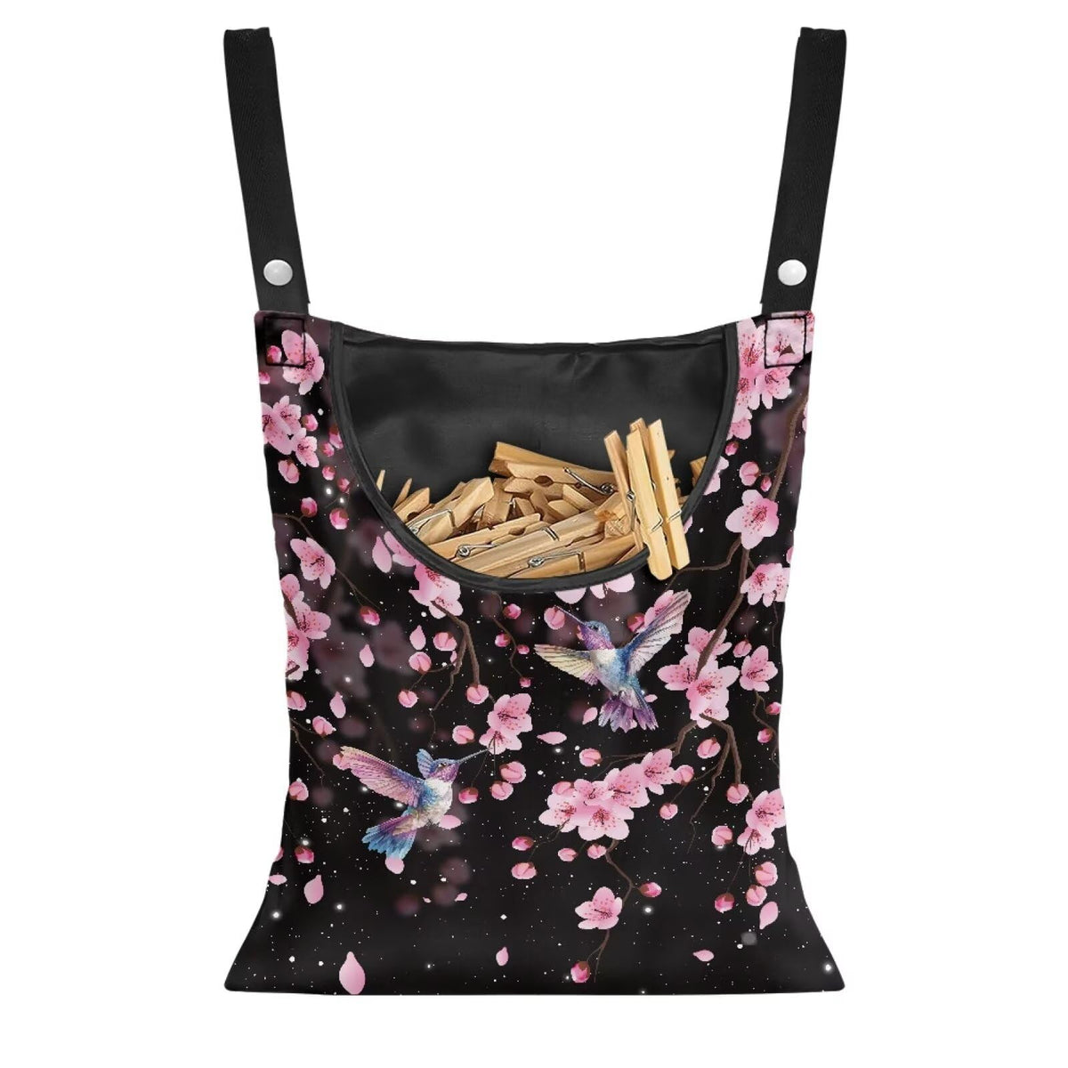 Waterproof Clothespin Bag with Hanger Hook Cherry Blossom Hummingbird