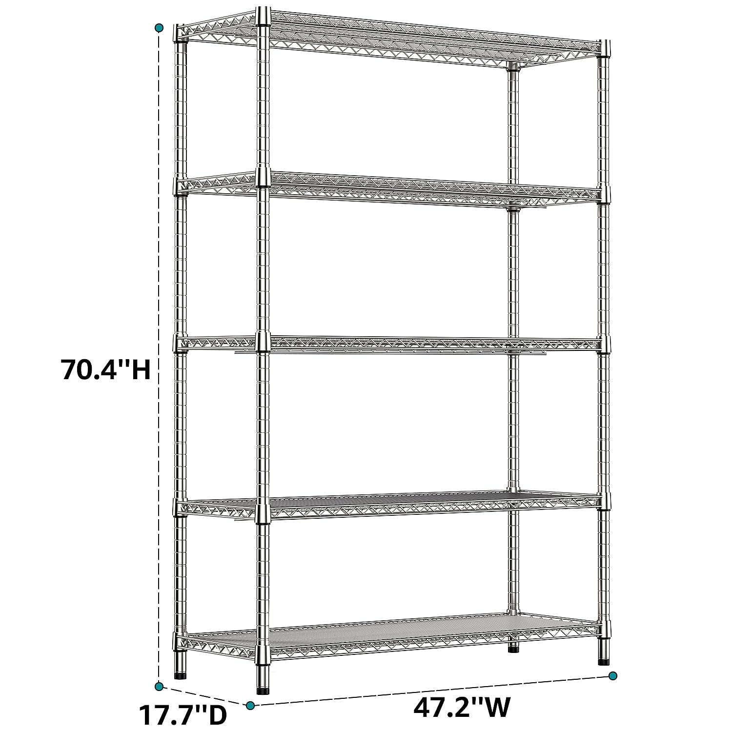 4250 LBS Garage Shelving Wide Storage Shelves 5 Tier Metal Shelves Heavy Duty Adjustable Utility Shelf Rack Chrome 17.7" D x 47.2" W x 70.4" H (5 Count)