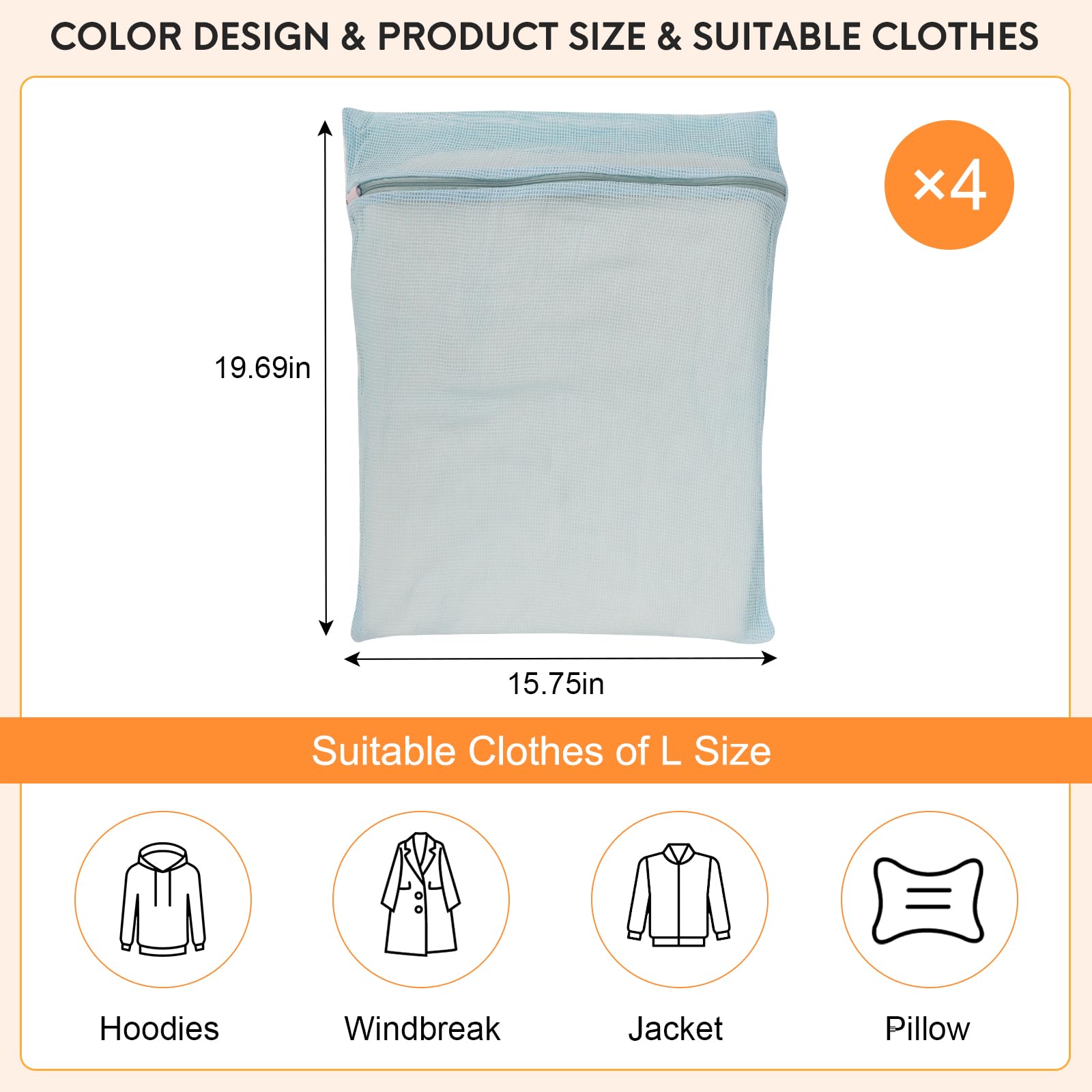 4 Piece Blue Large Durable Organic Cotton Mesh Laundry Bags with Sturdy Zippers and Breathable Mesh are Delicate Laundry Bags for Underwear