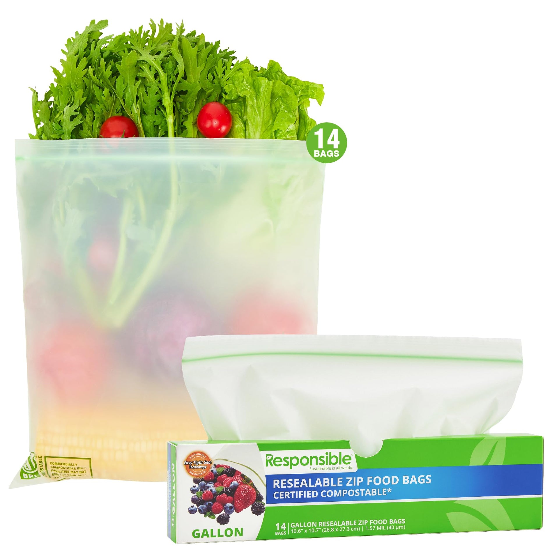 Certified Compostable Large GALLON Resealable Zip Bag (14 Count)