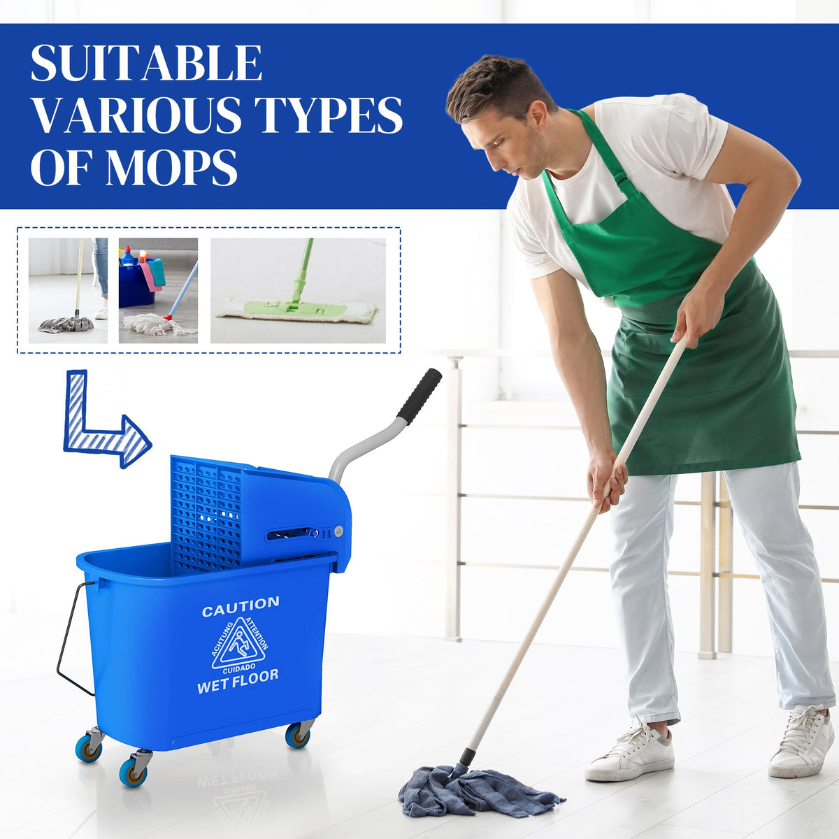 Commercial Mop Bucket Side Press Wringer Wheels 21 Quart Blue