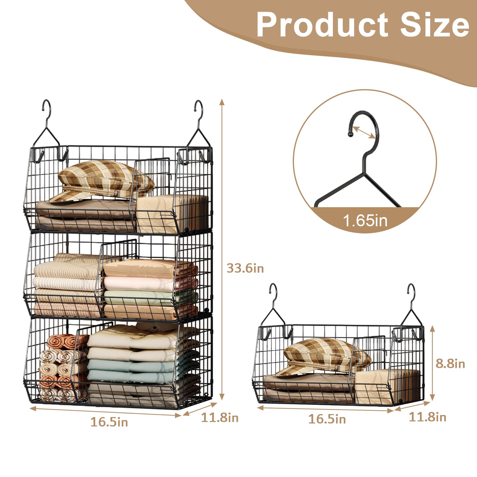 3 Tier Closet Hanging Shelves with Divider
