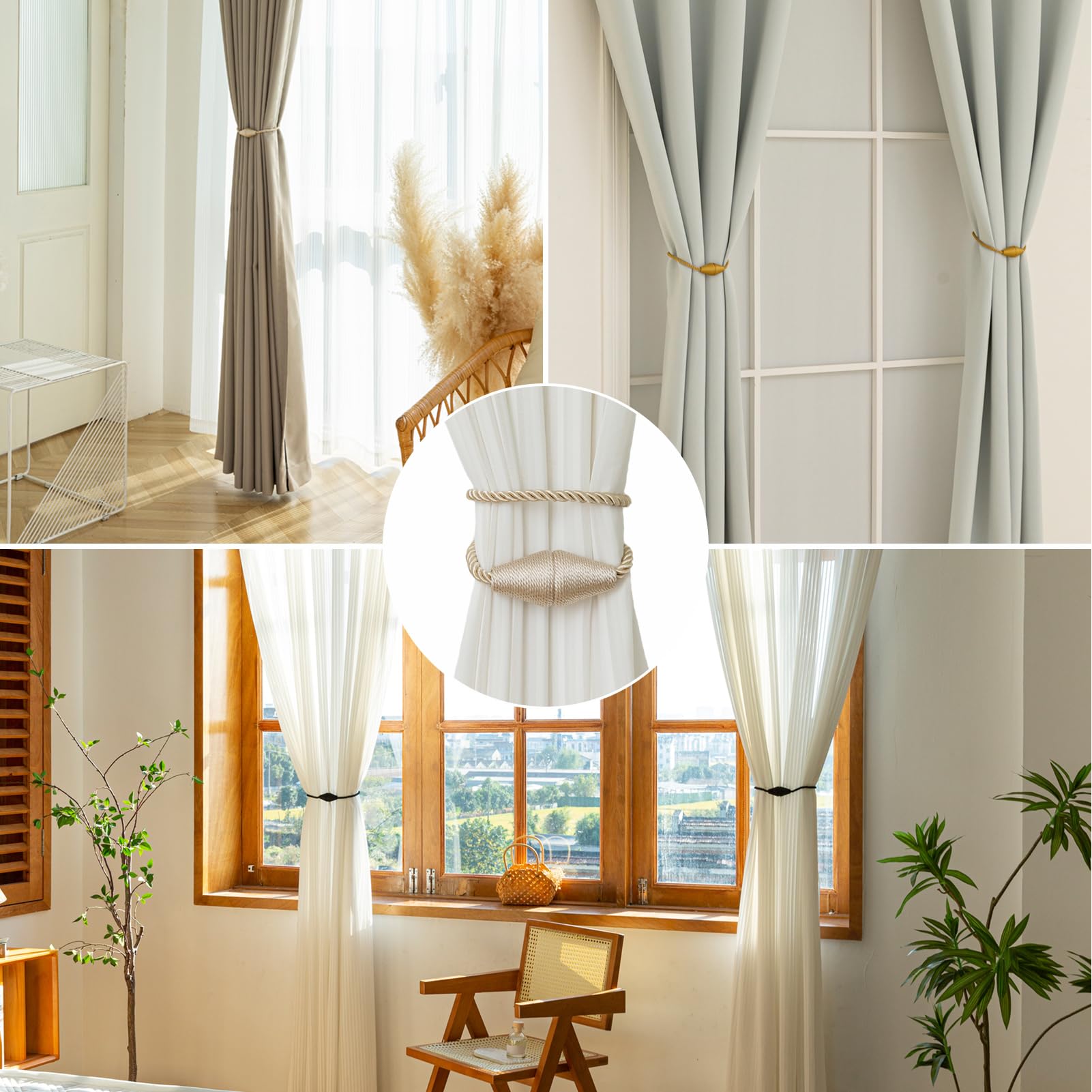 Magnetic Curtain Tiebacks 6 Pack Outdoor Rope Curtain Tie Backs Decorative Window Treatment Holdbacks for Home Decorative Curtain (6 Count)